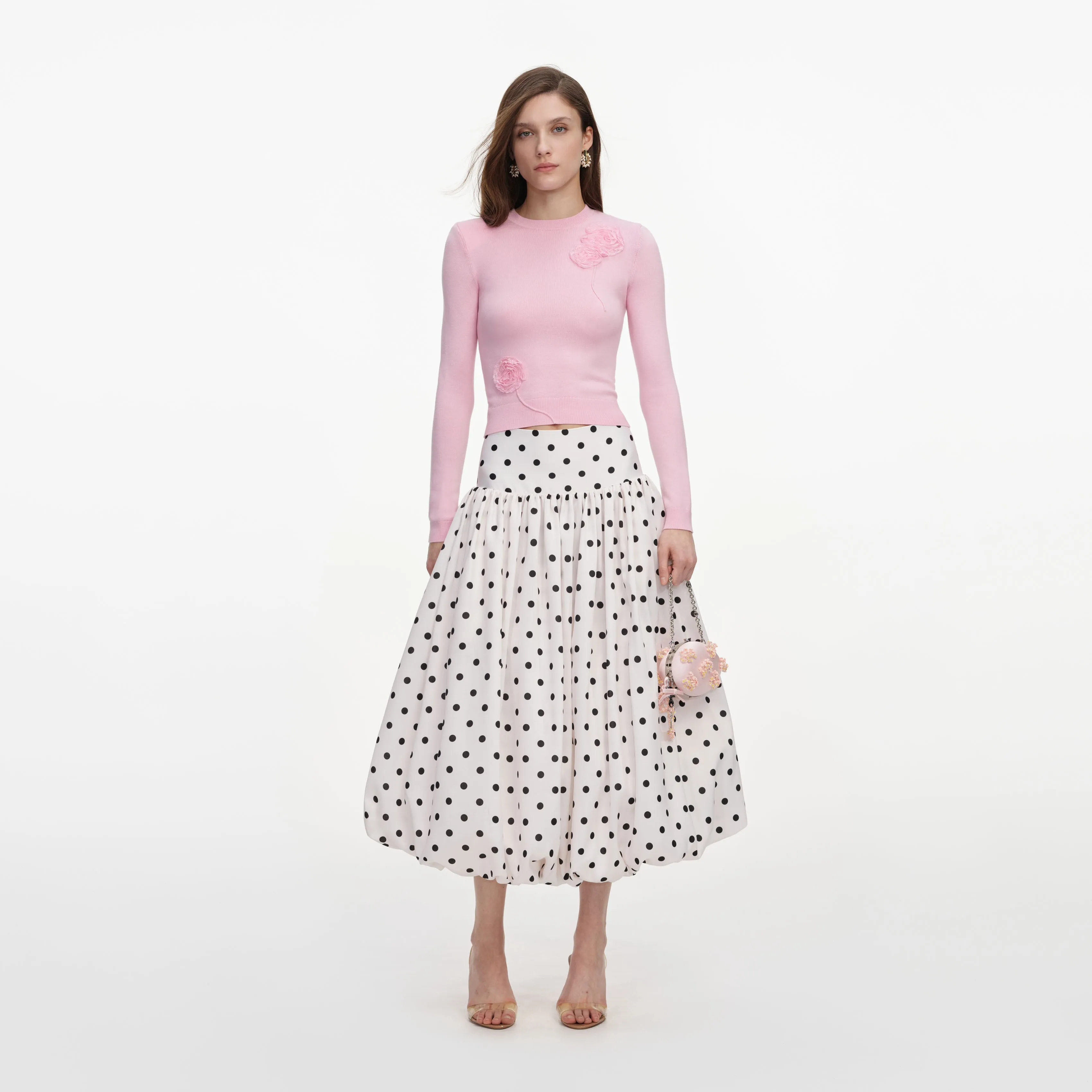 Cream Polka Dot Taffeta Midi Skirt sold by Self-Portrait