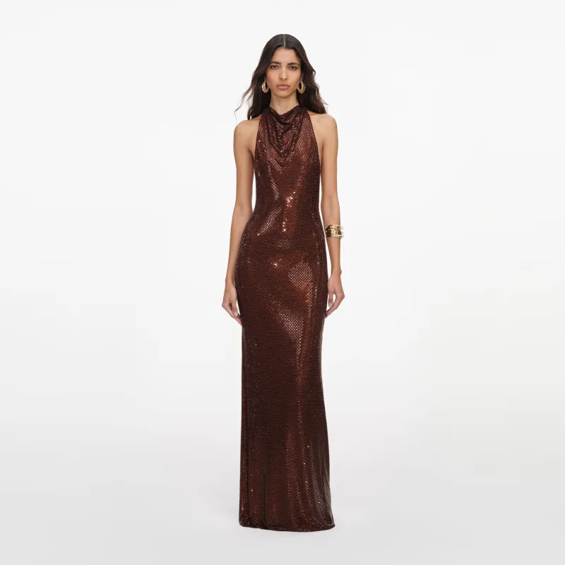 Brown Rhinestone Racer Back Maxi Dress made by Self-Portrait