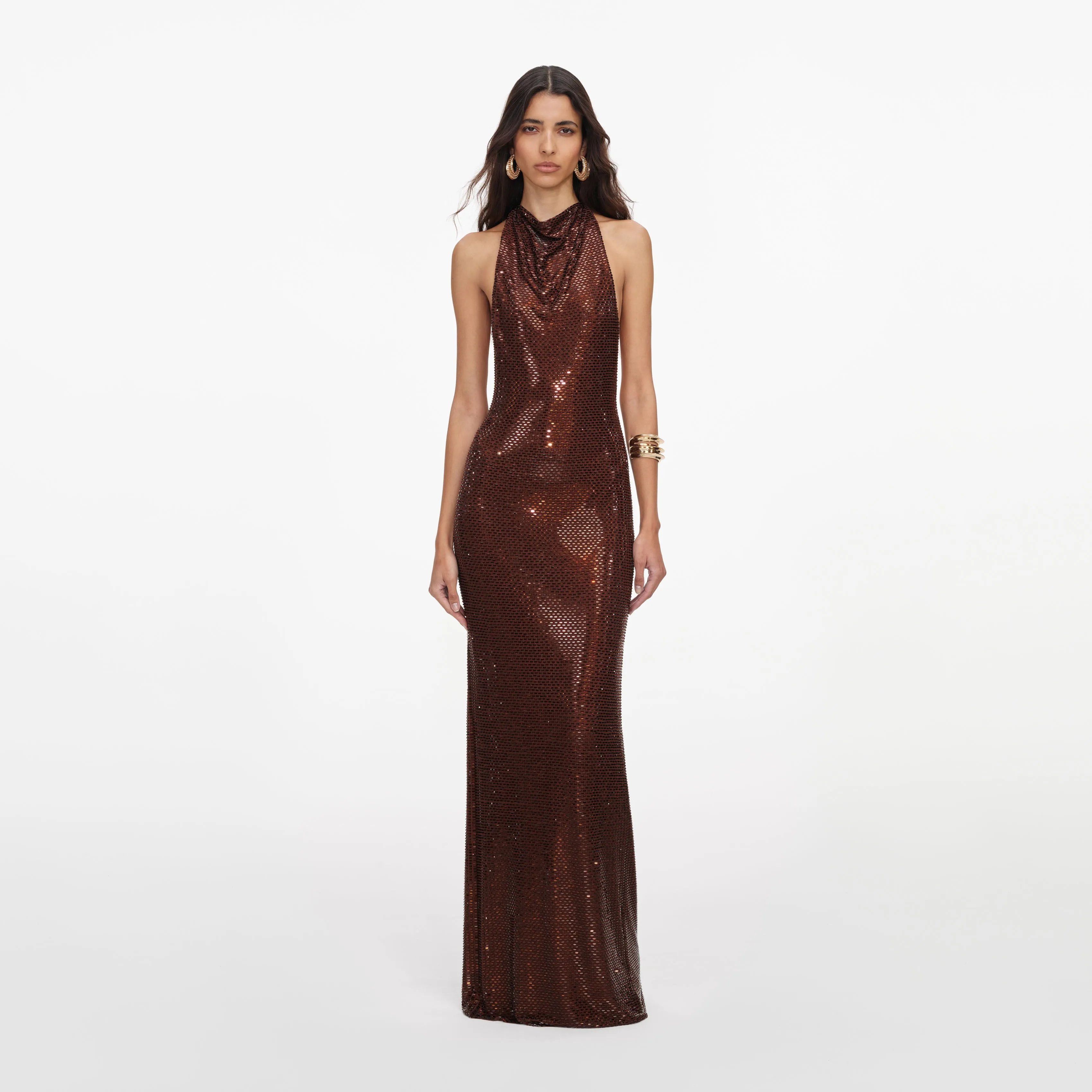 Brown Rhinestone Racer Back Maxi Dress sold by Self-Portrait
