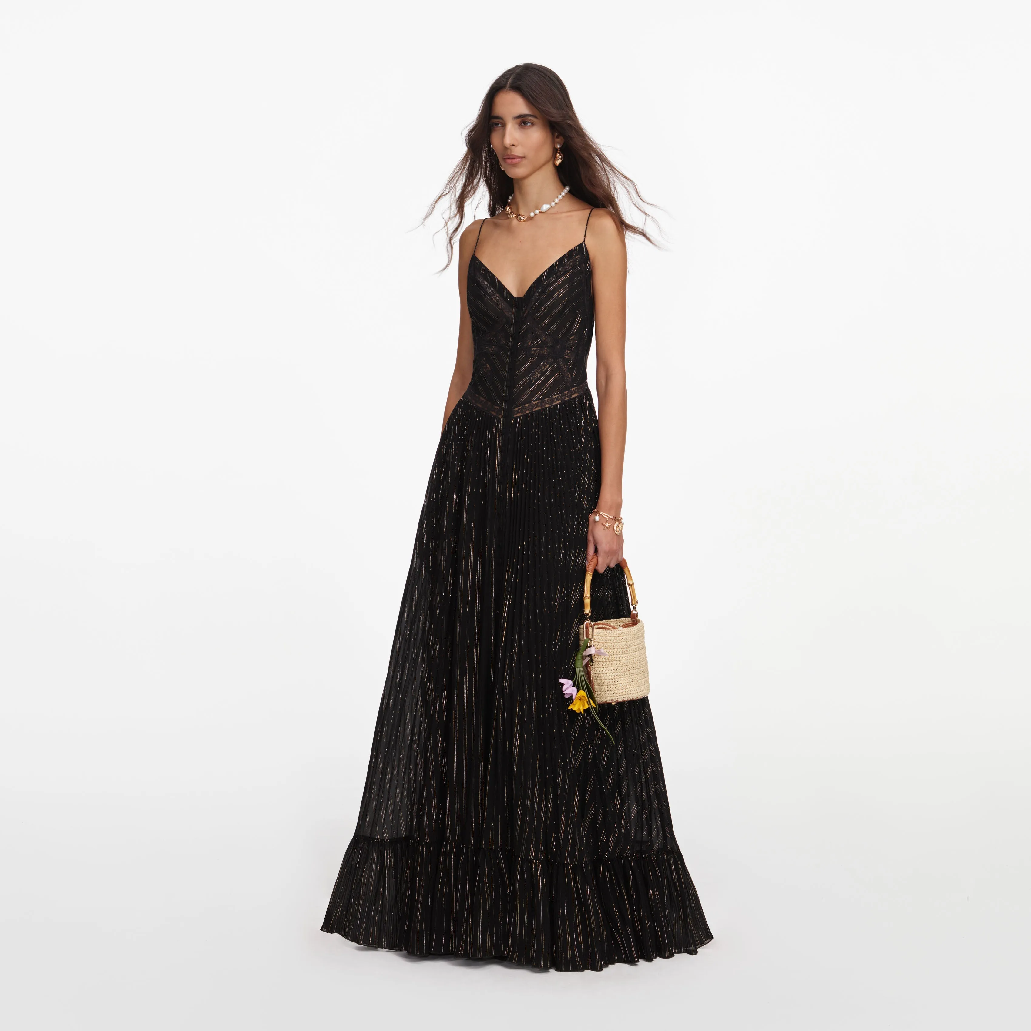 Black Lurex Stripe Pleated Maxi Dress sold by Self-Portrait product image thumbnail 2