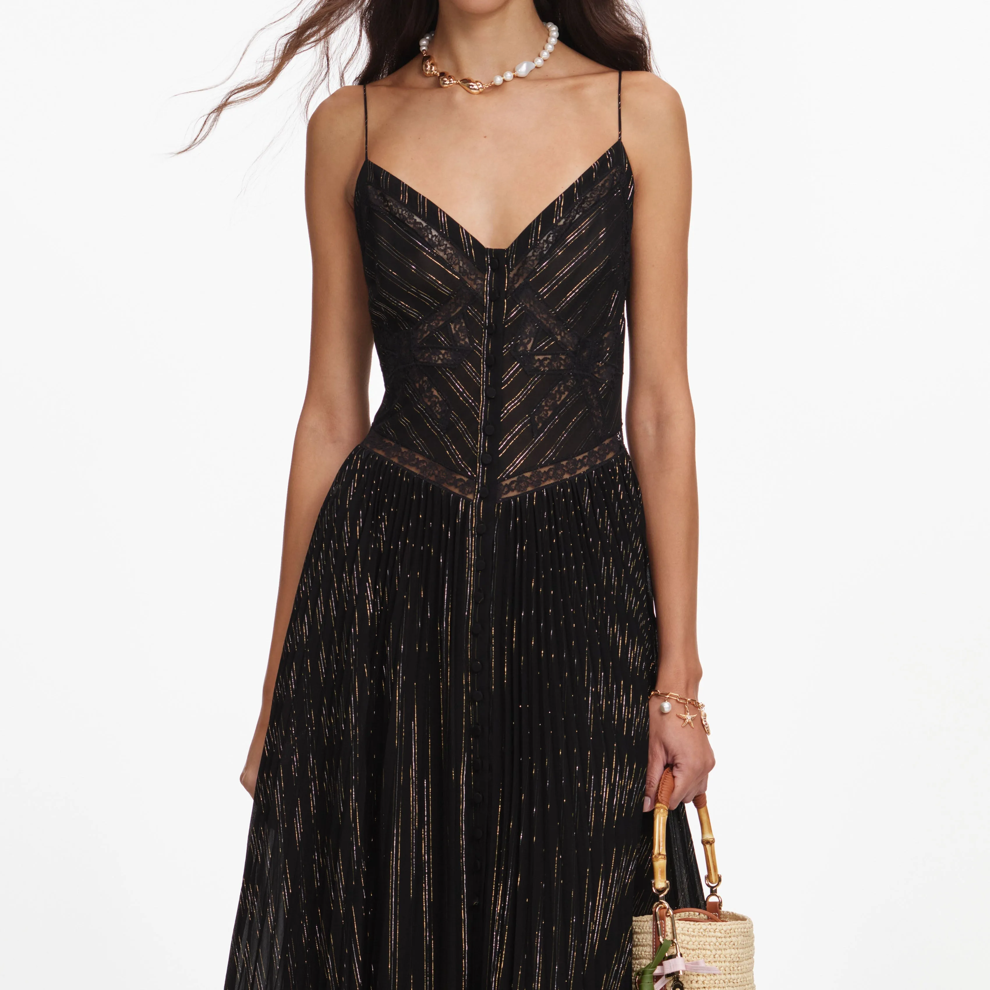 Black Lurex Stripe Pleated Maxi Dress sold by Self-Portrait product image thumbnail 4