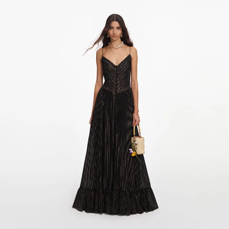 Black Lurex Stripe Pleated Maxi Dress made by Self-Portrait