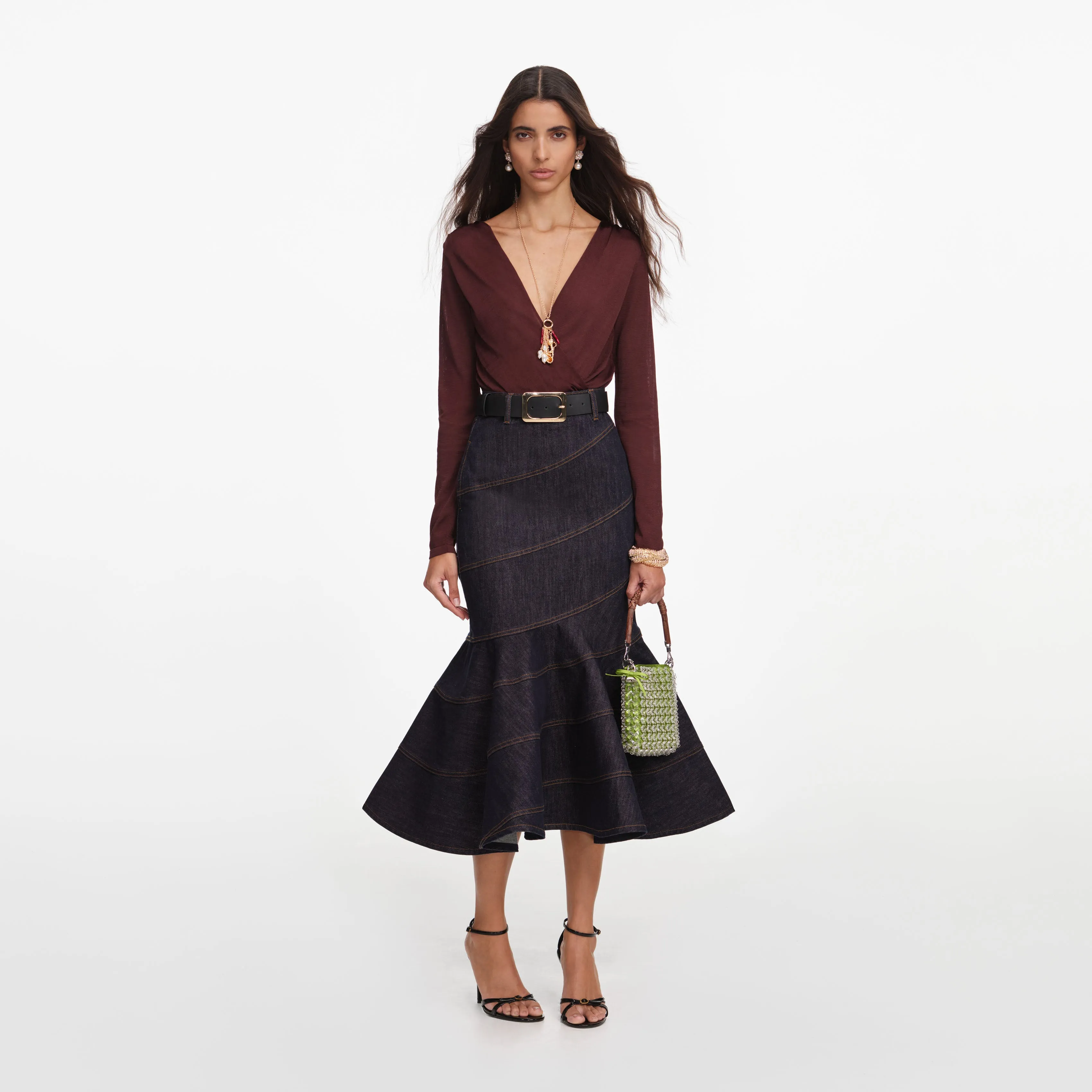 Indigo Denim Belted Midi Skirt sold by Self-Portrait