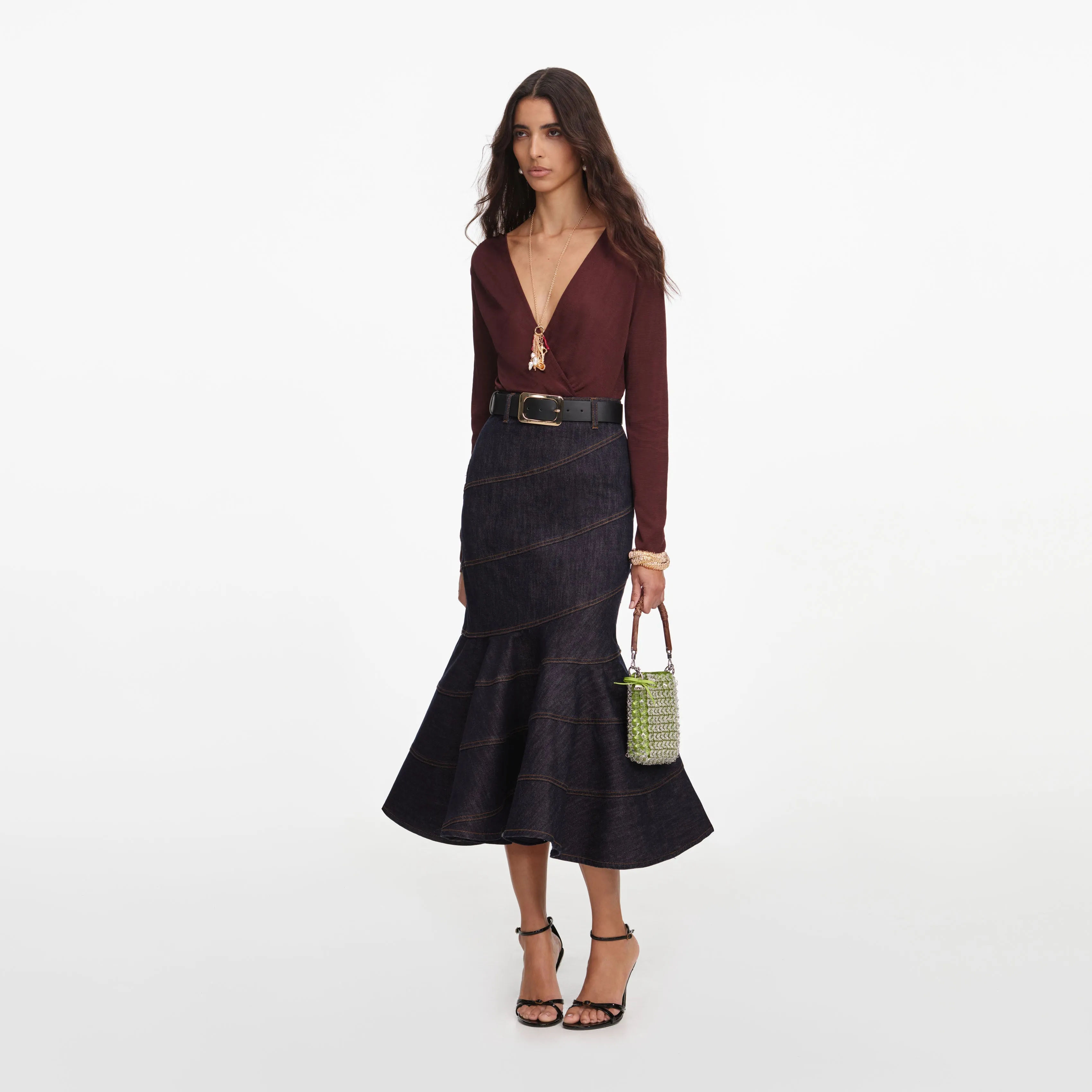 Indigo Denim Belted Midi Skirt sold by Self-Portrait product image thumbnail 2