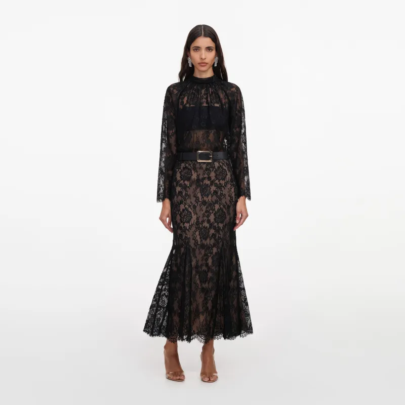 Black Lace Midi Skirt made by Self-Portrait