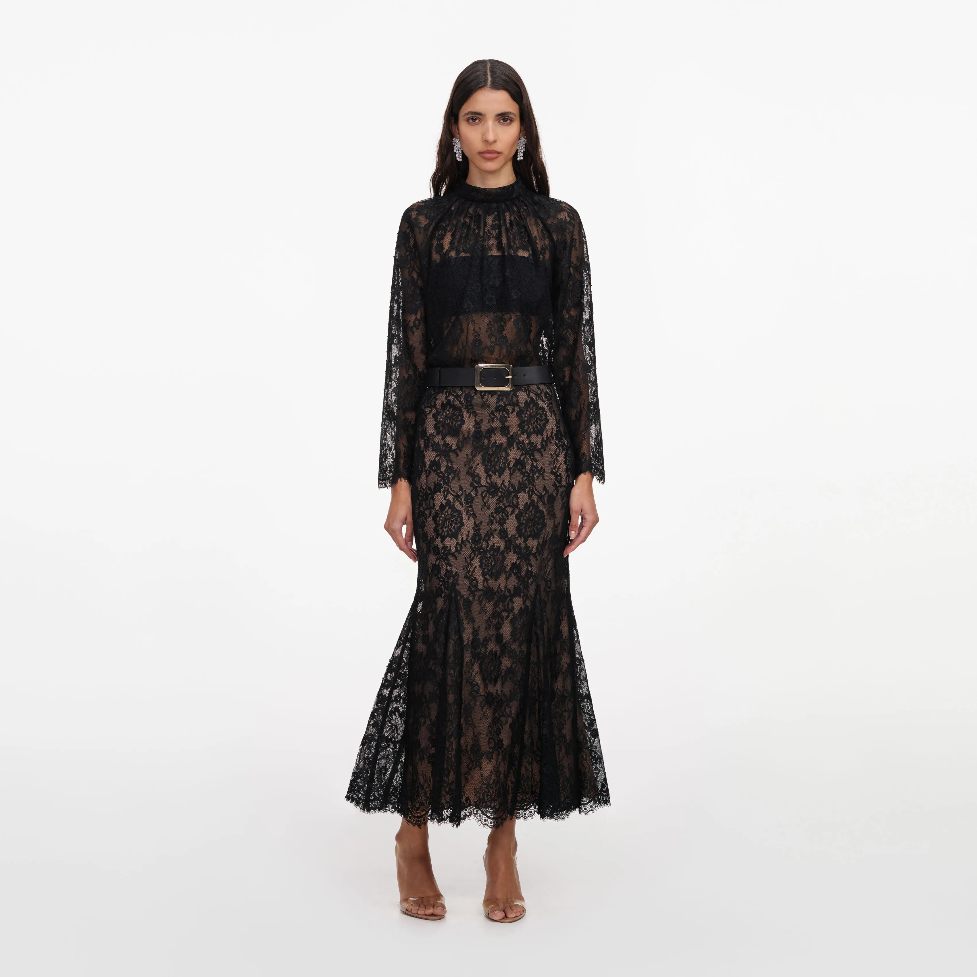 Black Lace Midi Skirt sold by Self-Portrait