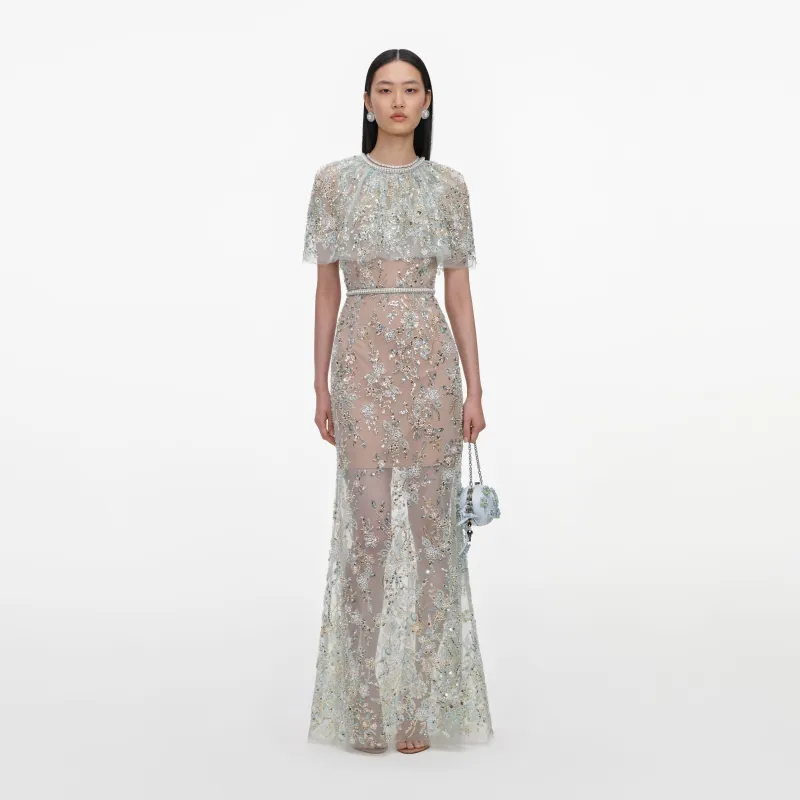 Mint Embellished Cape Maxi Dress made by Self-Portrait
