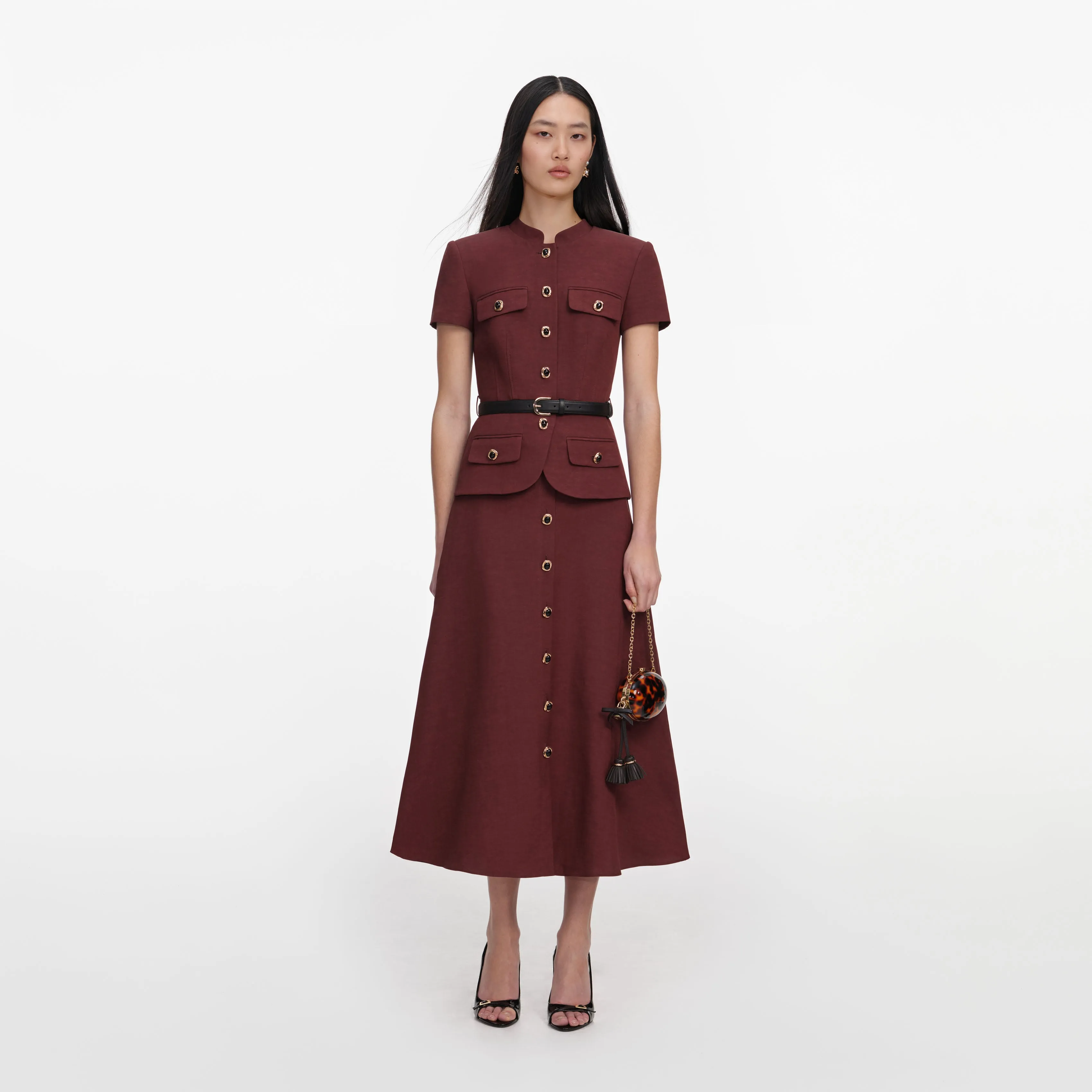Brown Peplum Linen Blend Midi Dress sold by Self-Portrait