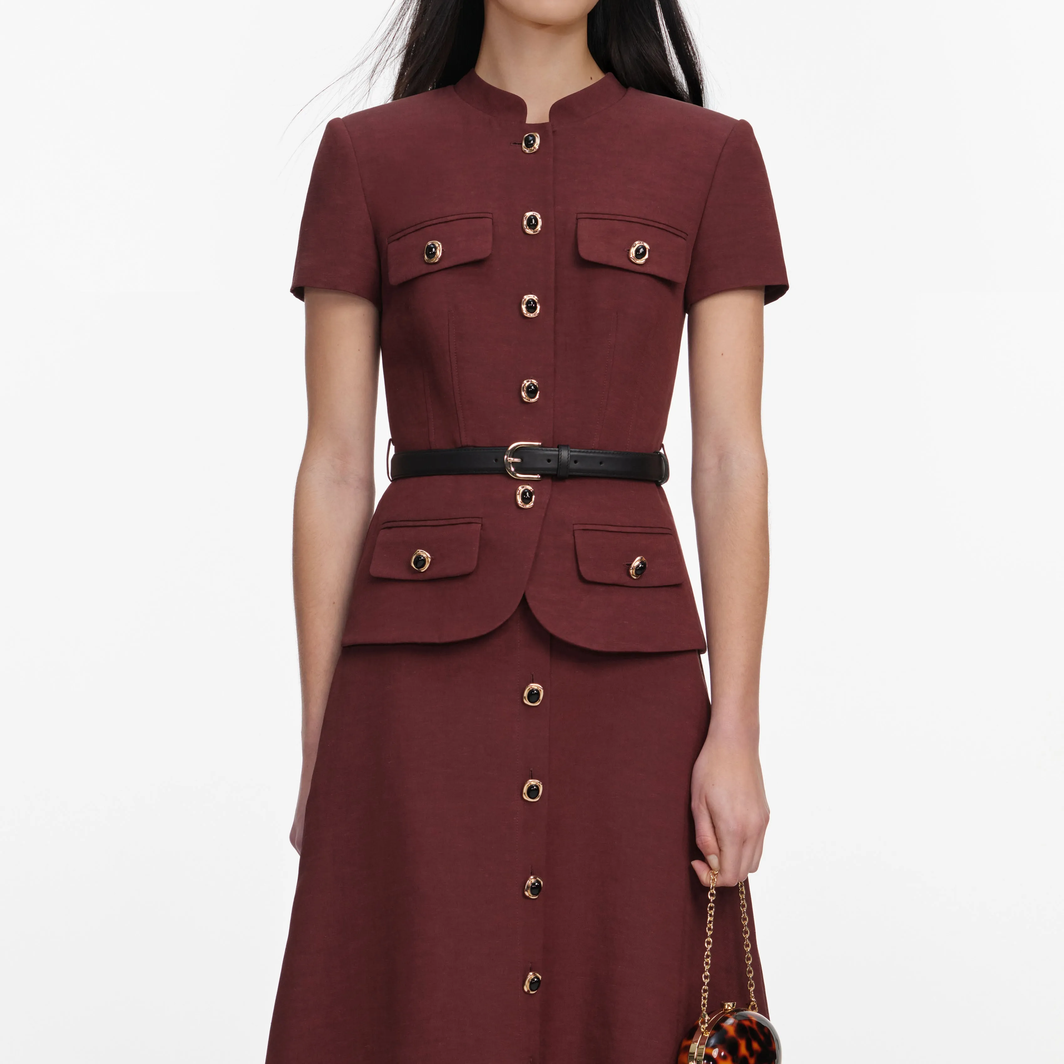 Brown Peplum Linen Blend Midi Dress sold by Self-Portrait product image thumbnail 4