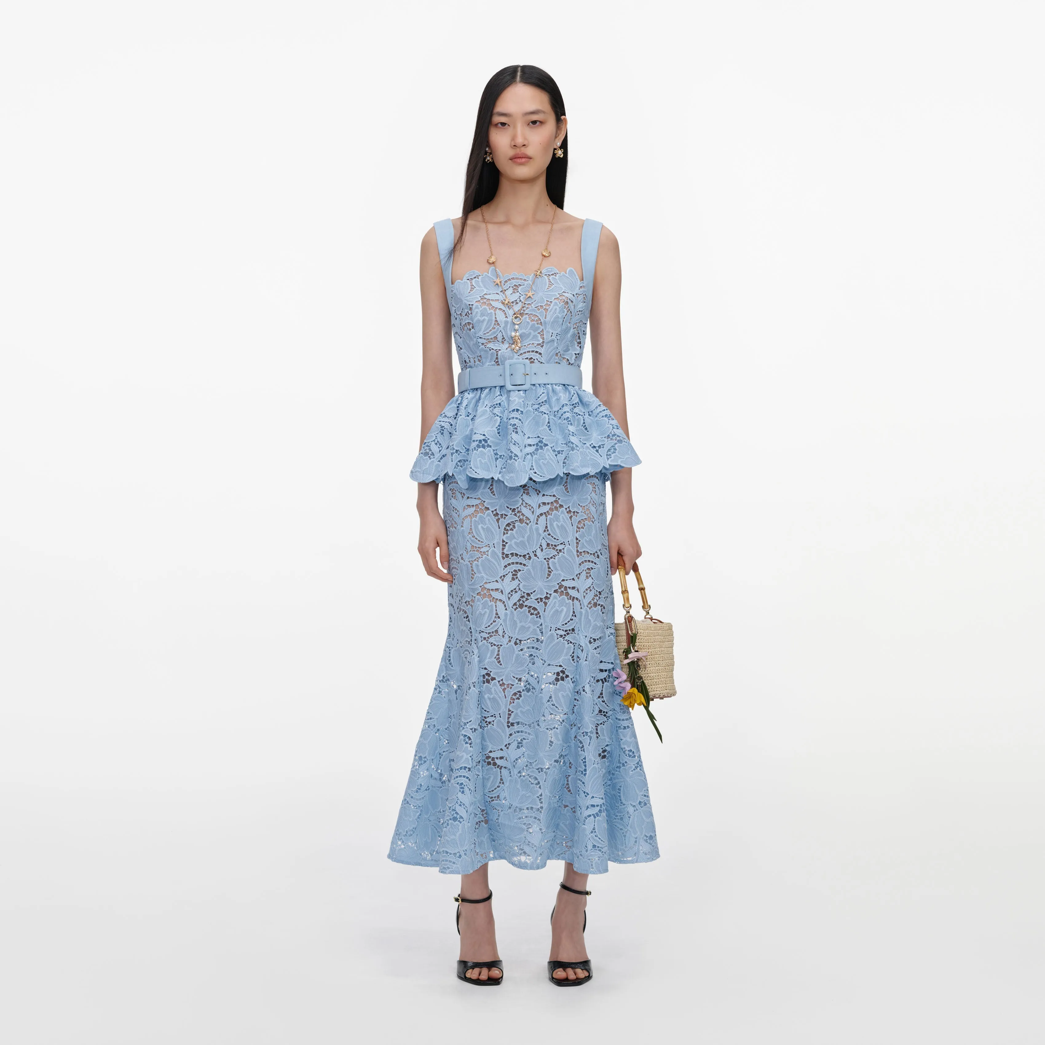 Blue Lace Peplum Midi Dress sold by Self-Portrait