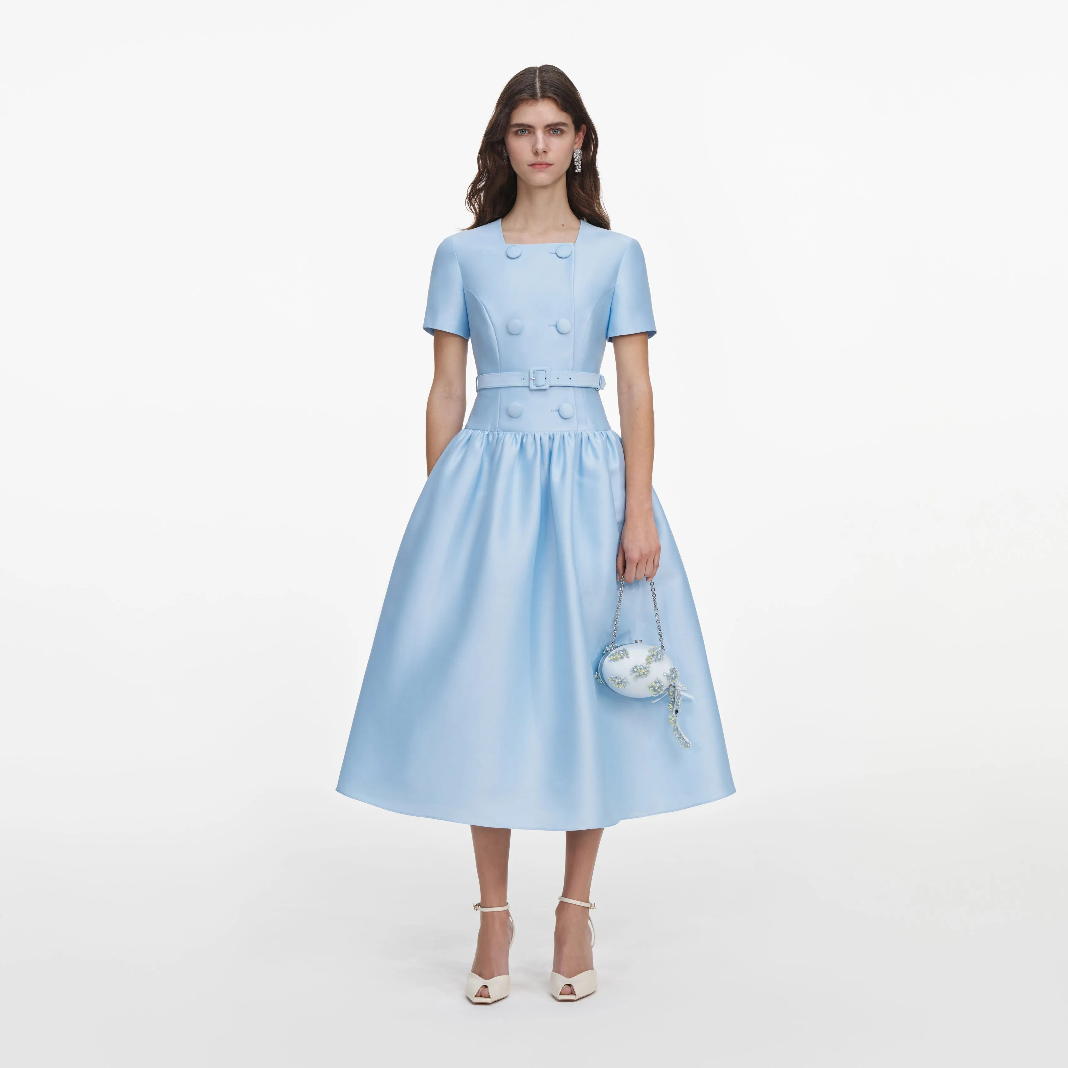 Blue Button Front Taffeta Midi Dress sold by Self-Portrait