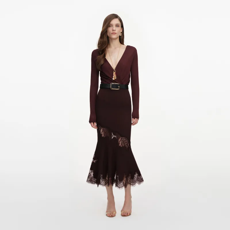 Brown Ribbed Knit Midi Skirt made by Self-Portrait