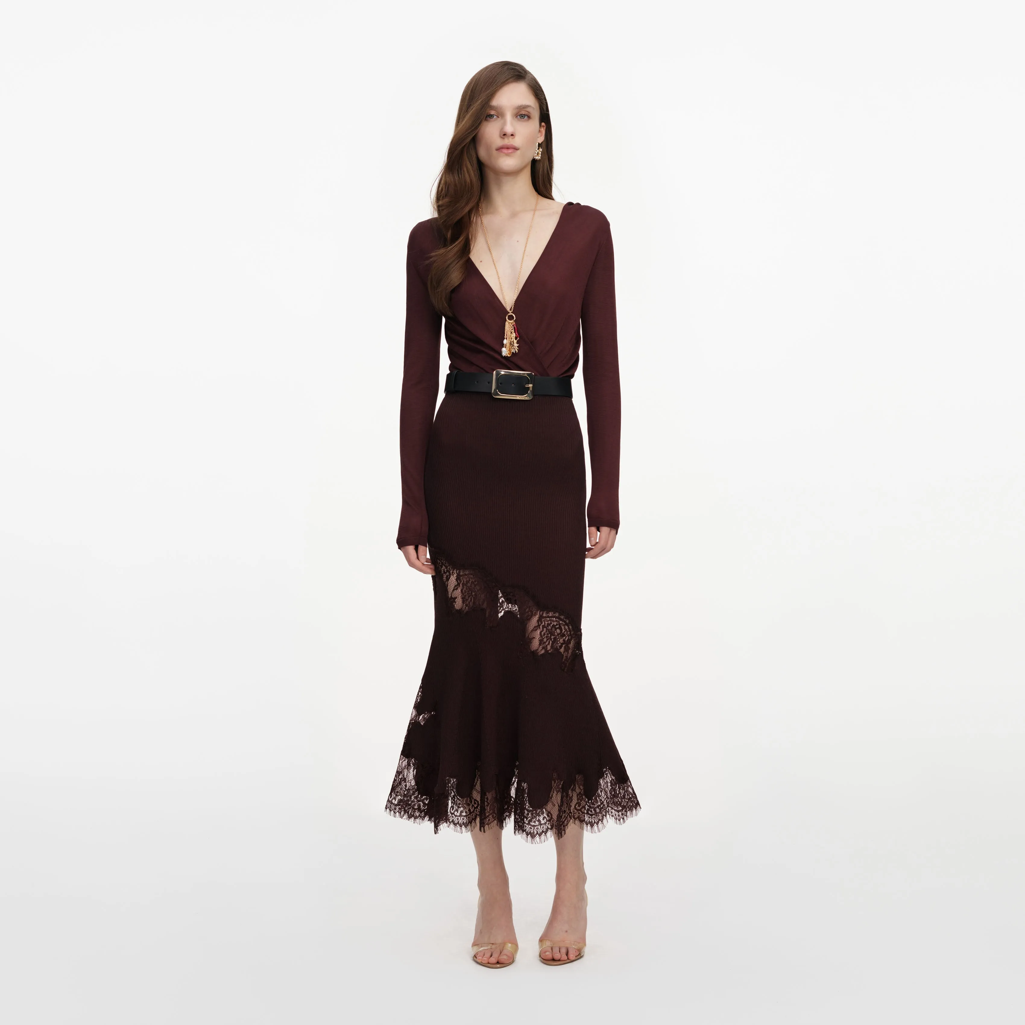 Brown Ribbed Knit Midi Skirt sold by Self-Portrait