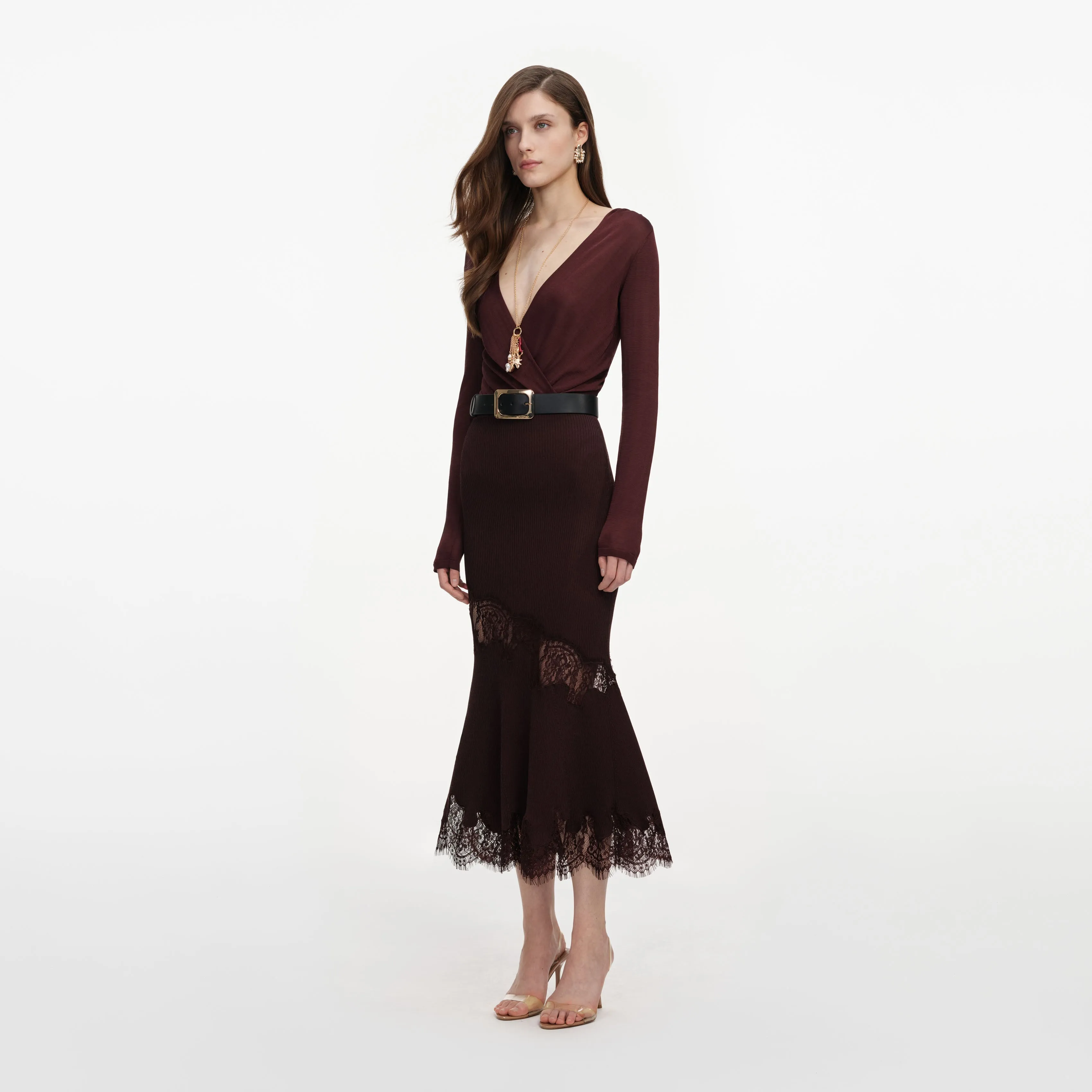 Brown Ribbed Knit Midi Skirt sold by Self-Portrait product image thumbnail 2
