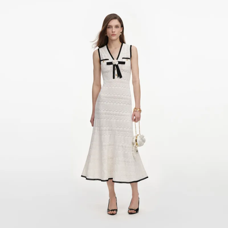 White Pointelle Knit Bow Midi Dress made by Self-Portrait