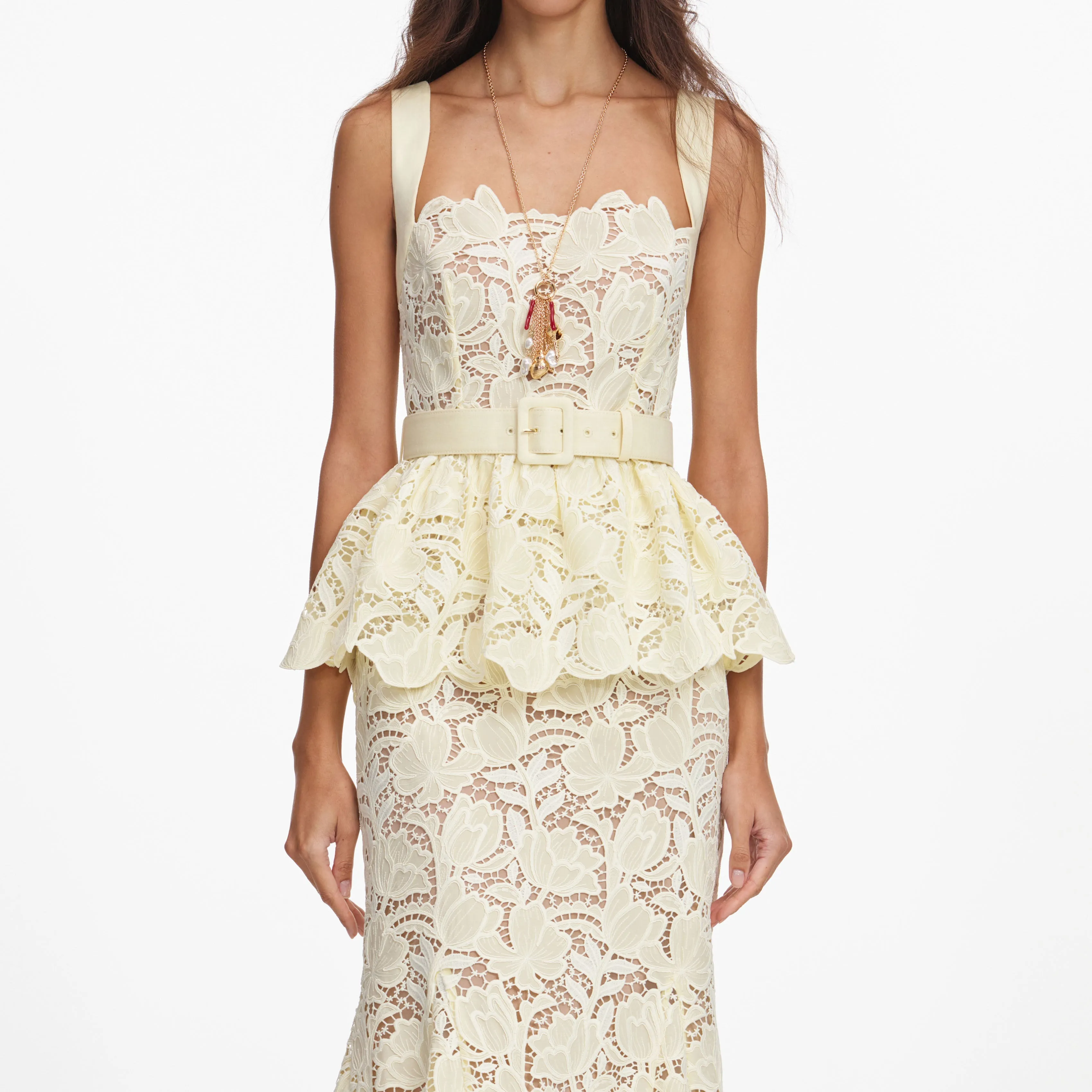 Yellow Lace Peplum Midi Dress sold by Self-Portrait product image thumbnail 4
