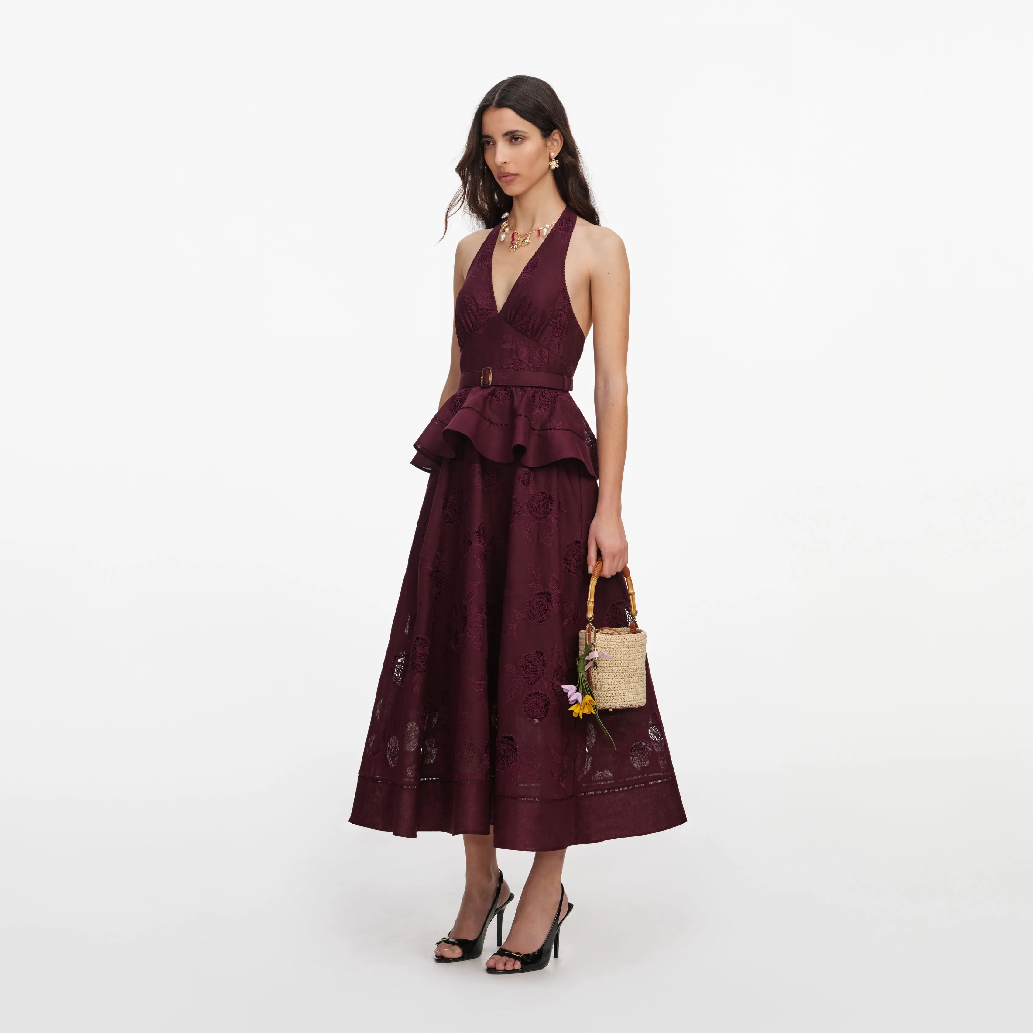 Plum Linen Blend Peplum Midi Dress sold by Self-Portrait product image thumbnail 2