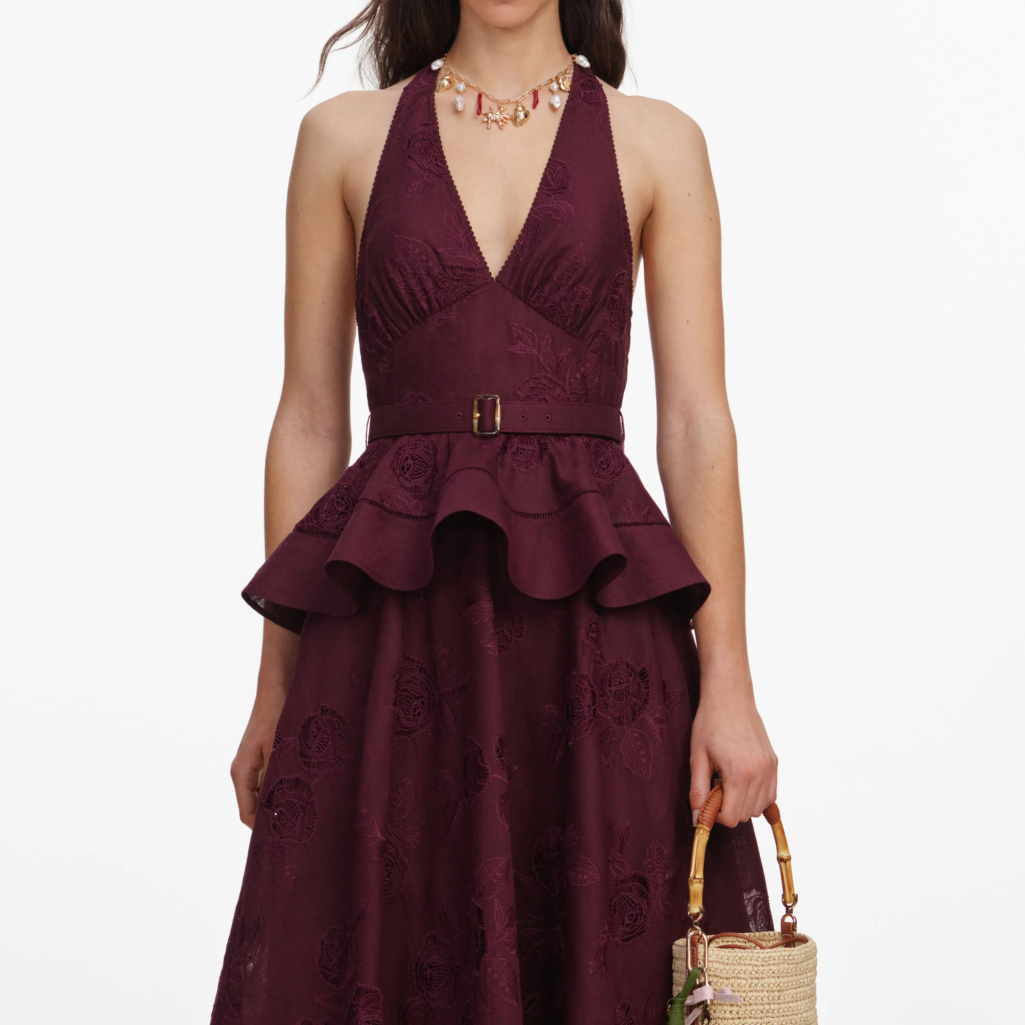 Plum Linen Blend Peplum Midi Dress sold by Self-Portrait product image thumbnail 4