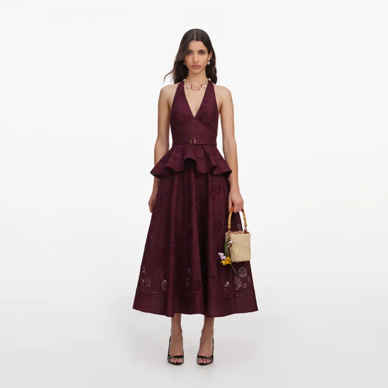 Plum Linen Blend Peplum Midi Dress made by Self-Portrait