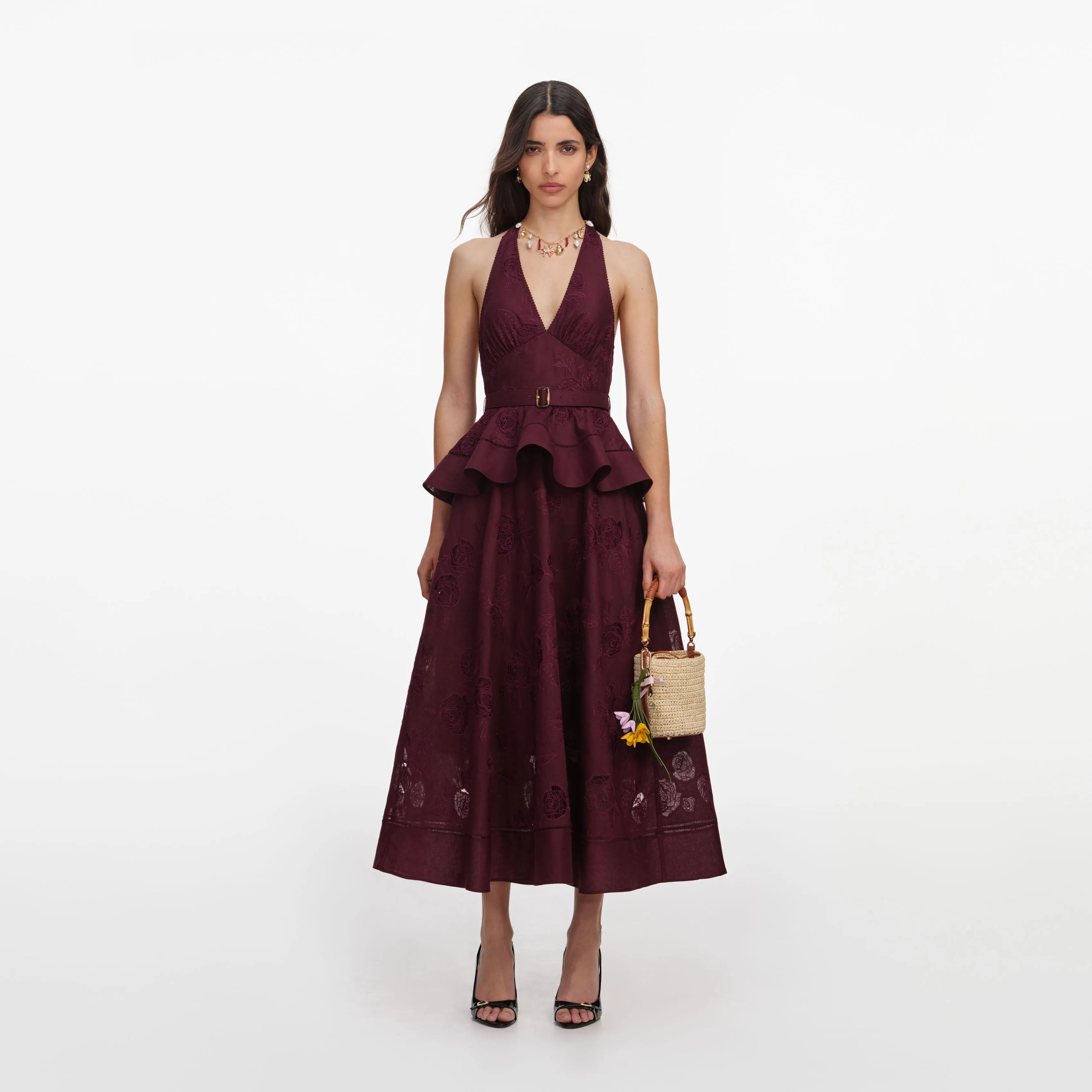 Plum Linen Blend Peplum Midi Dress sold by Self-Portrait