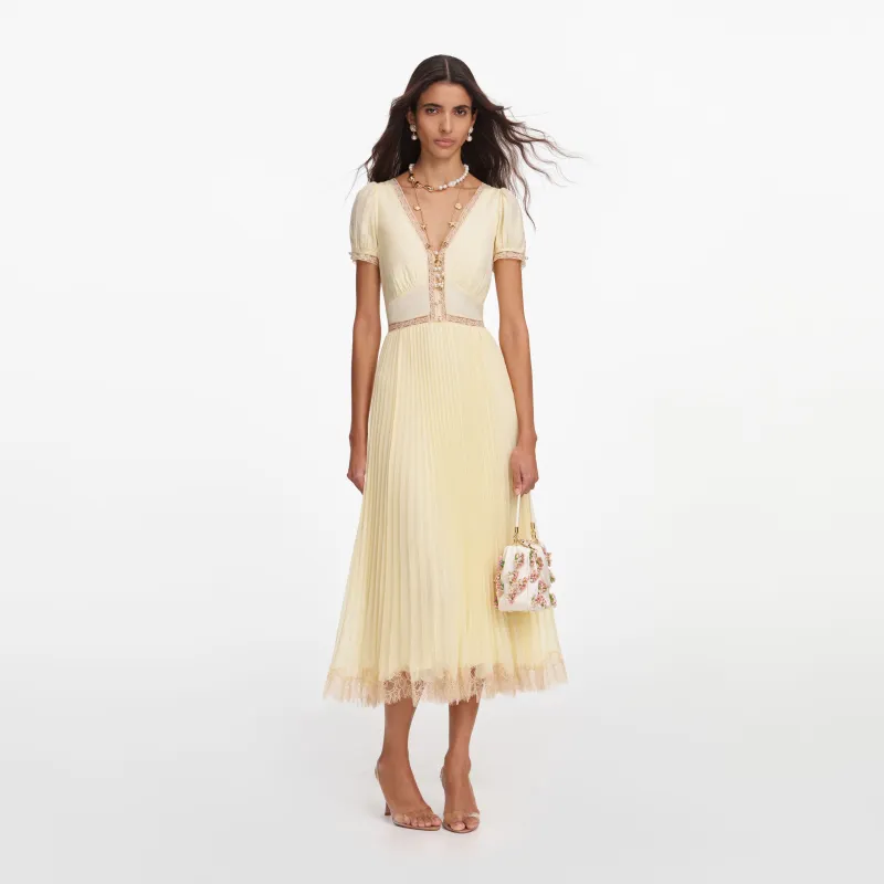 Yellow Viscose Pleated Lace Midi Dress made by Self-Portrait