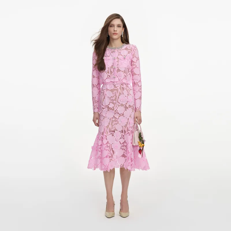 Pink Lace Crystal Embellished Midi Dress made by Self-Portrait