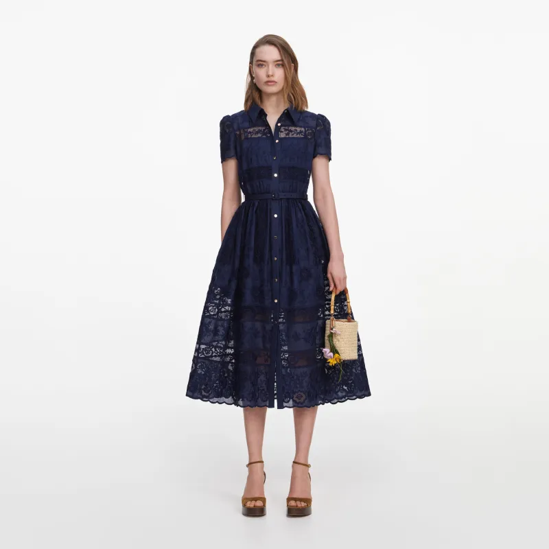 Navy Ramie Collared Midi Dress made by Self-Portrait