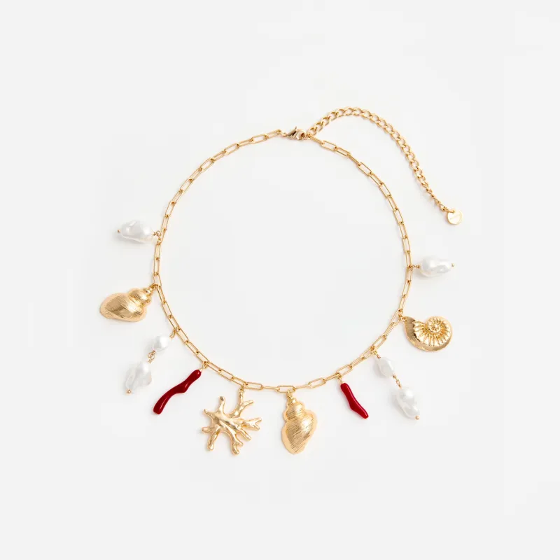 Gold Coral Pearl Charm Necklace made by Self-Portrait
