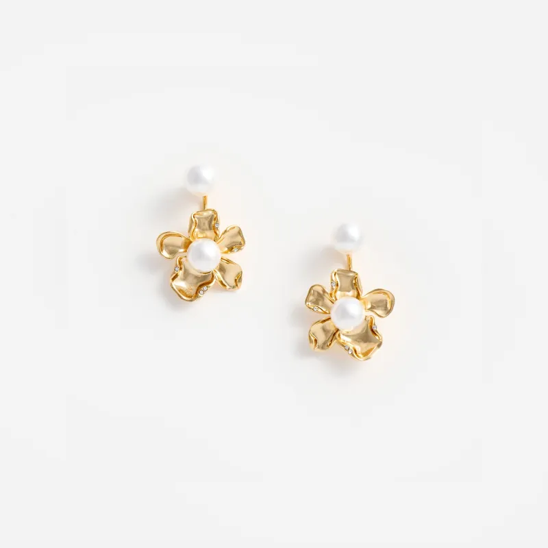 Gold Flower Pearl Jacket Earrings made by Self-Portrait