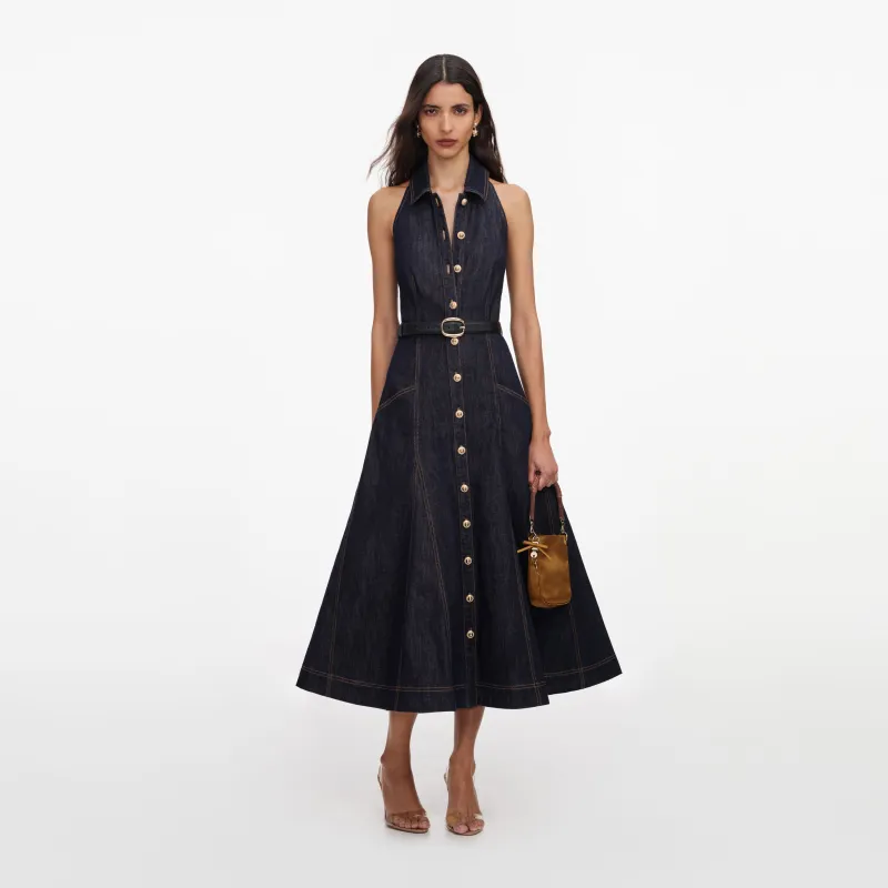 Indigo Denim Halterneck Midi Dress made by Self-Portrait