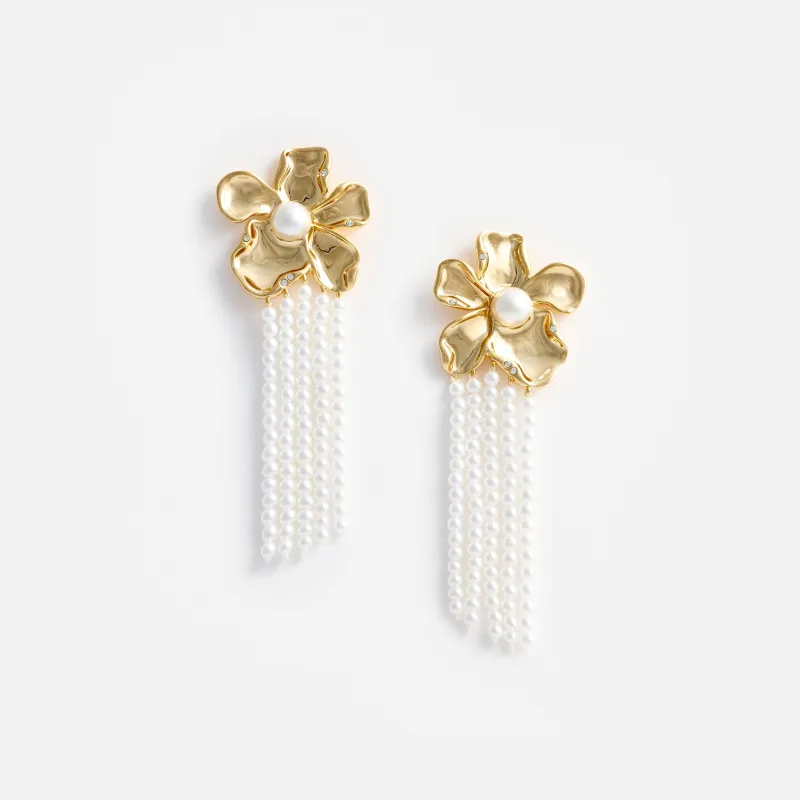 Gold Flower Pearl Dangle Earrings made by Self-Portrait
