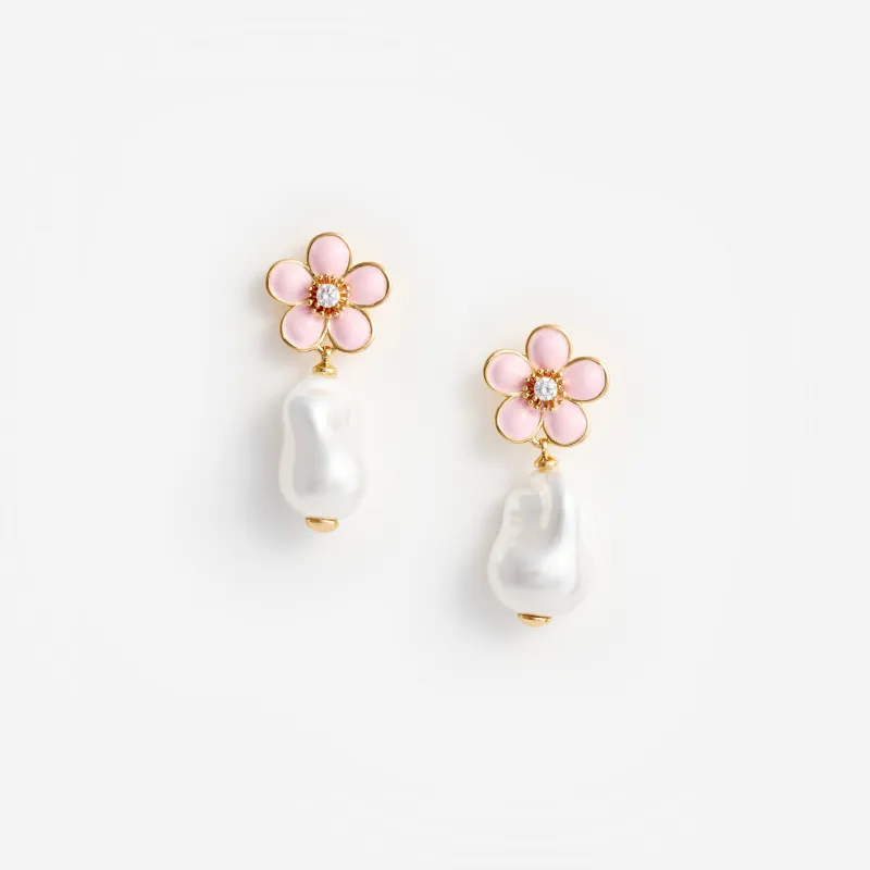 Pink Flower Pearl Drop Earrings made by Self-Portrait