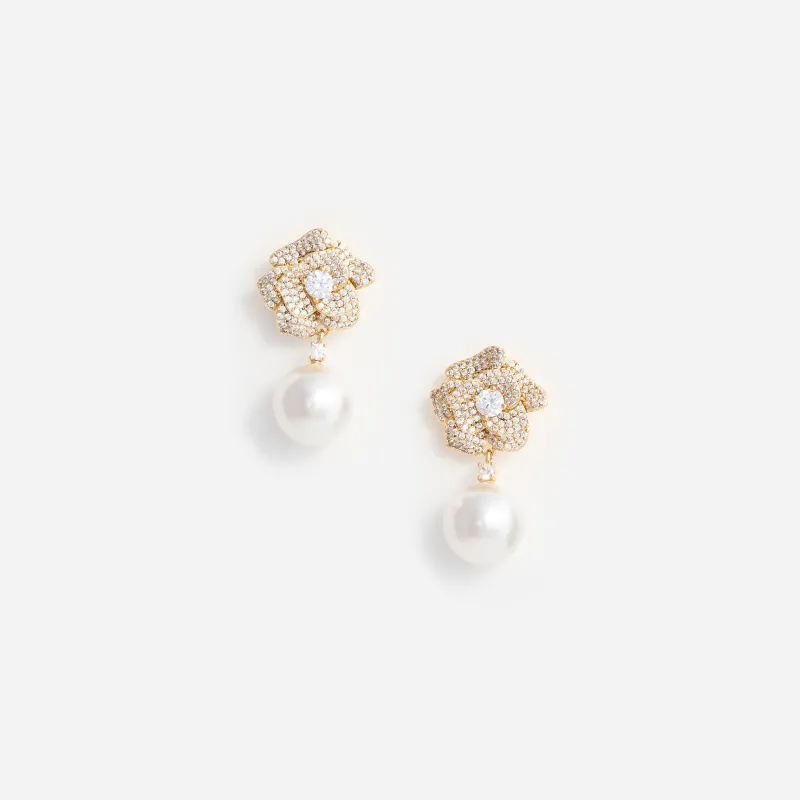 Mini Gold Crystal Flower Pearl Earrings made by Self-Portrait