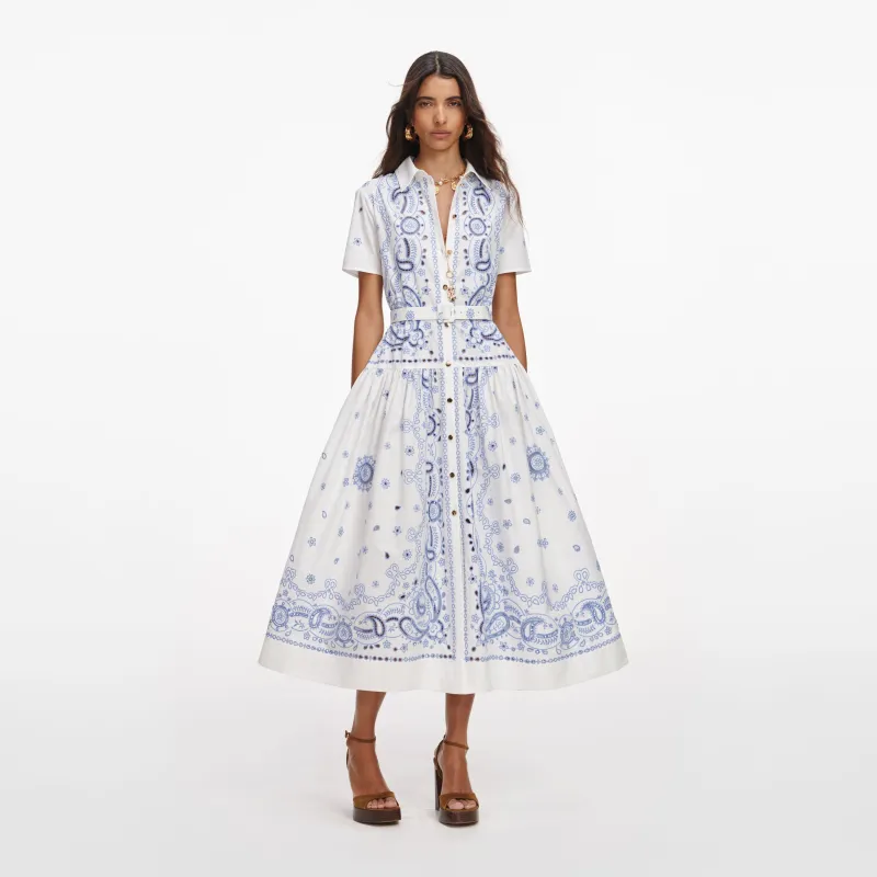 White And Blue Embroidered Midi Dress made by Self-Portrait