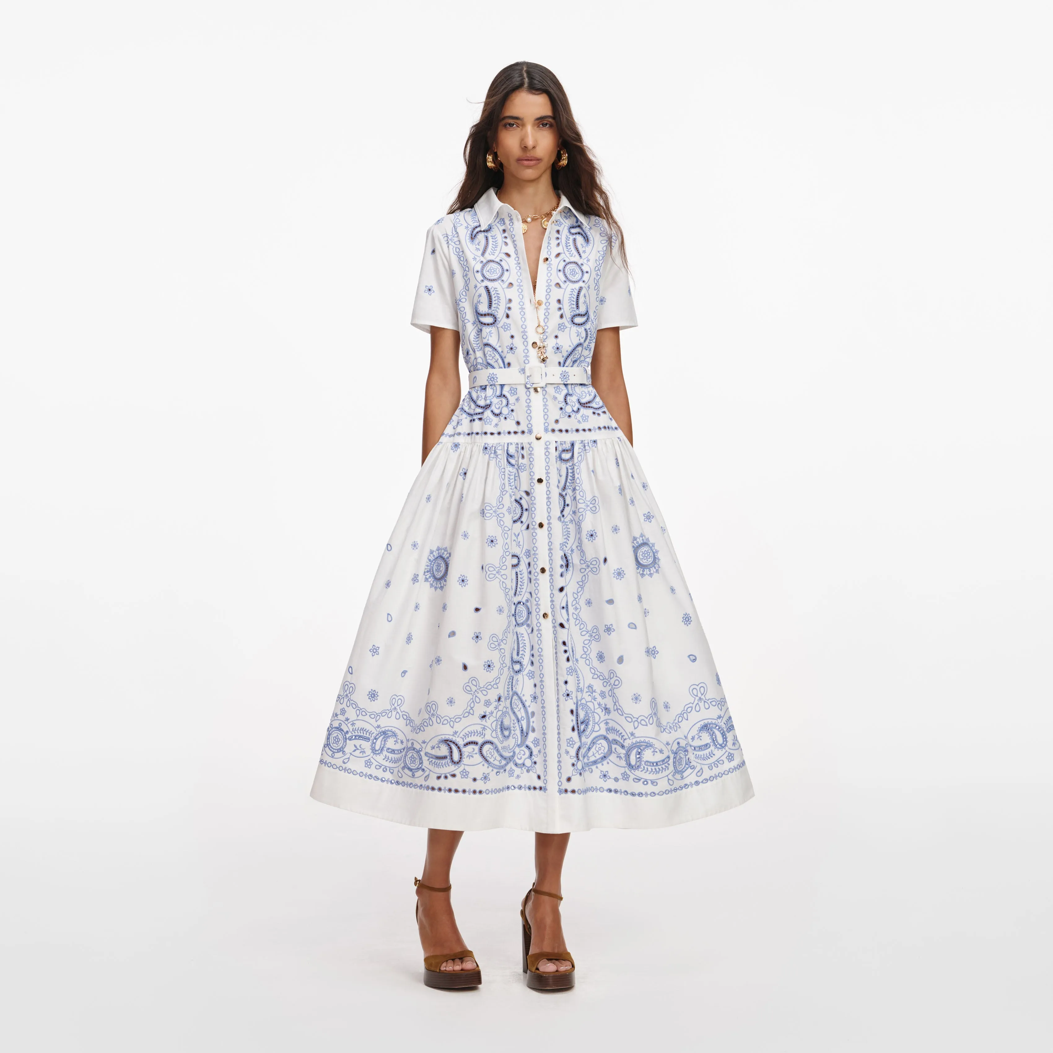White And Blue Embroidered Midi Dress sold by Self-Portrait