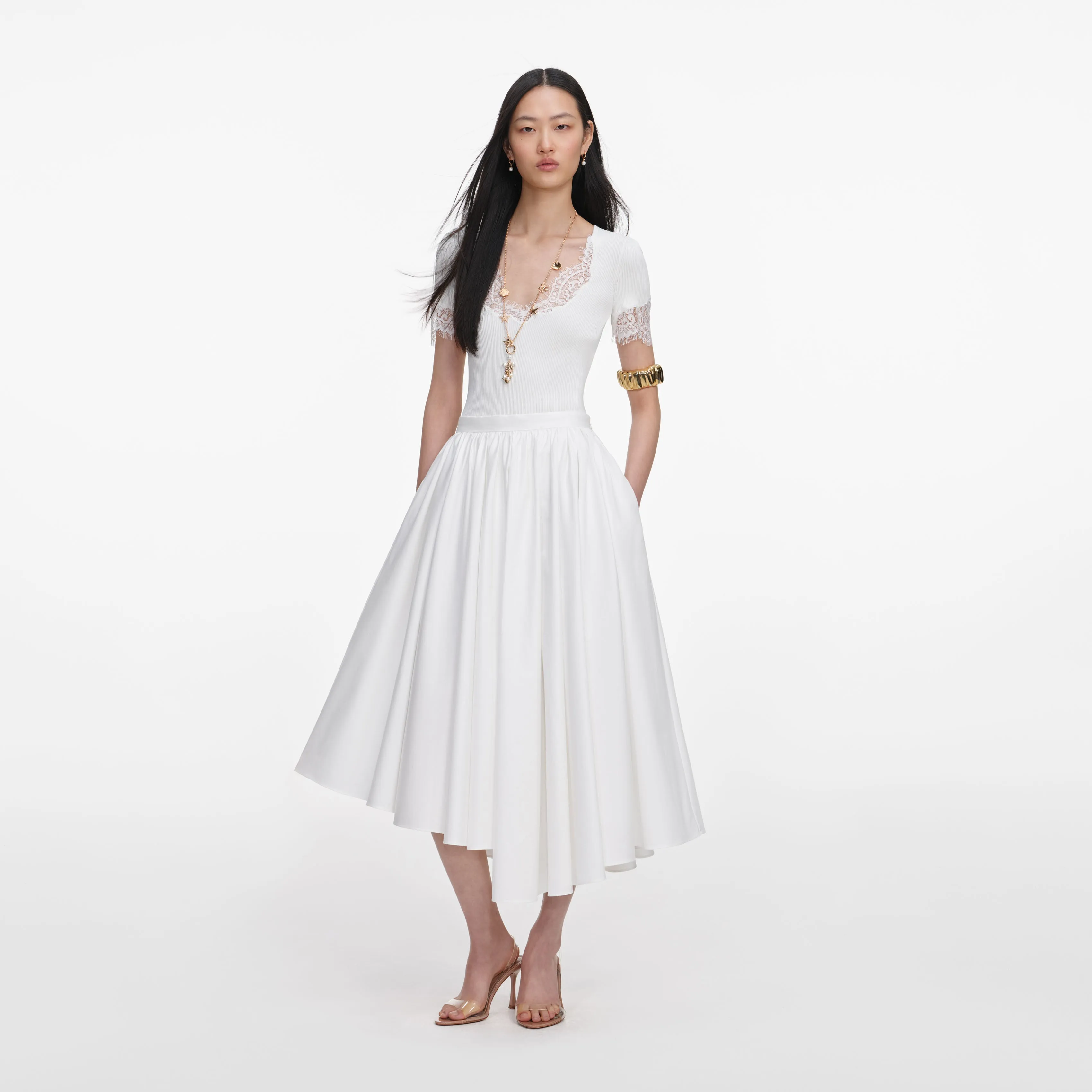 White Cotton Poplin Midi Skirt sold by Self-Portrait