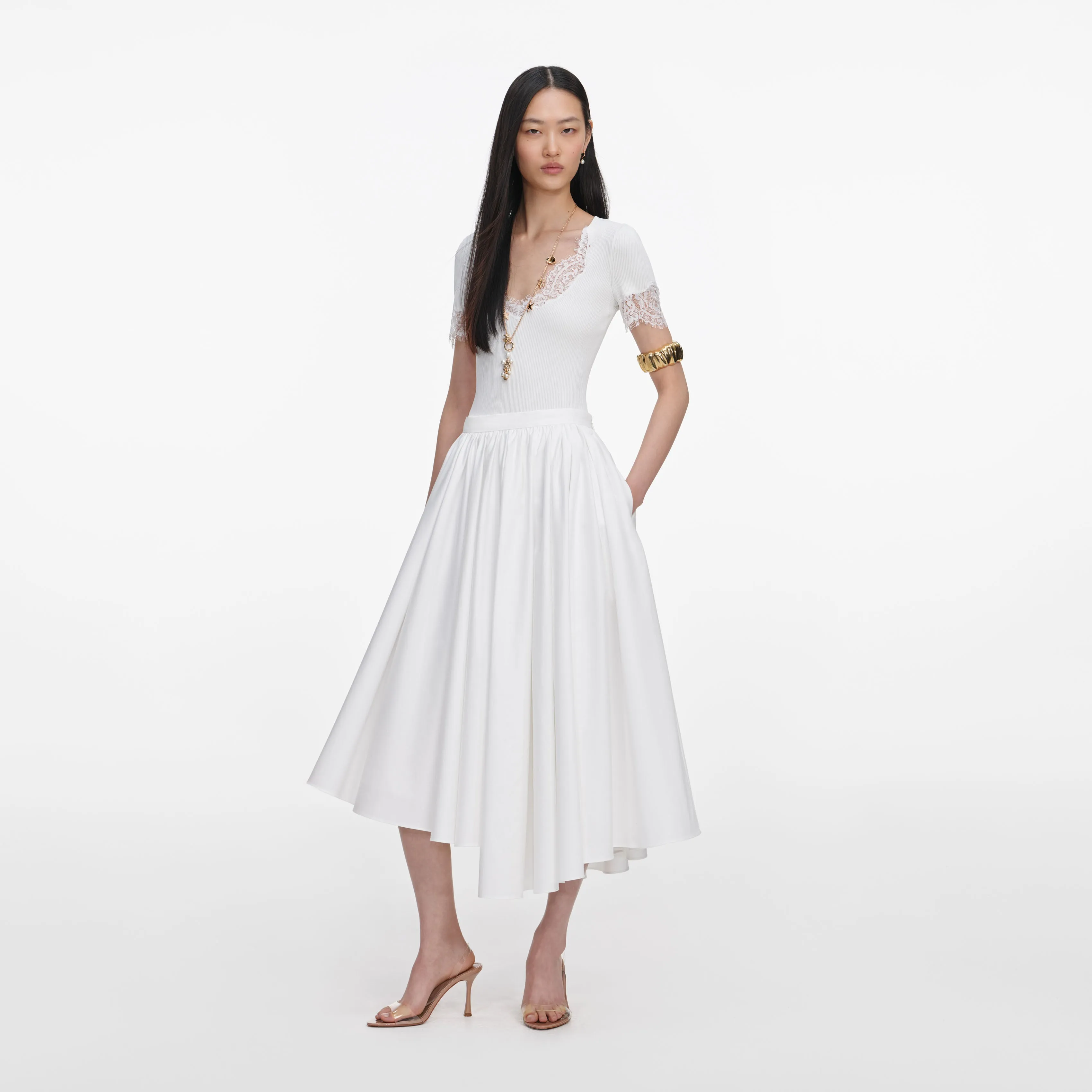 White Cotton Poplin Midi Skirt sold by Self-Portrait product image thumbnail 2