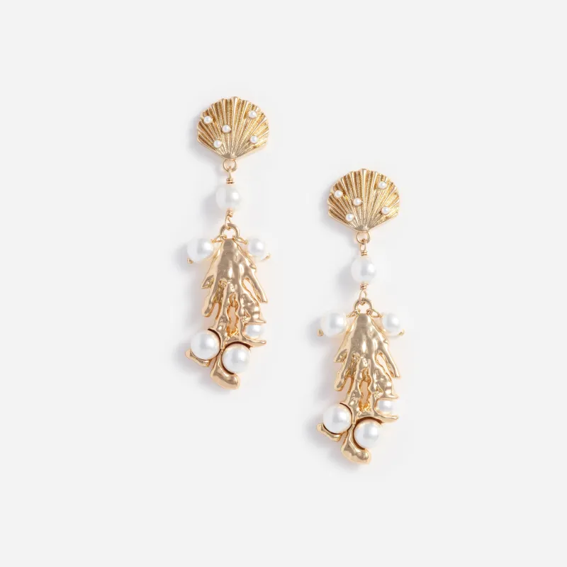 Gold Shell Pearl Coral Earrings made by Self-Portrait