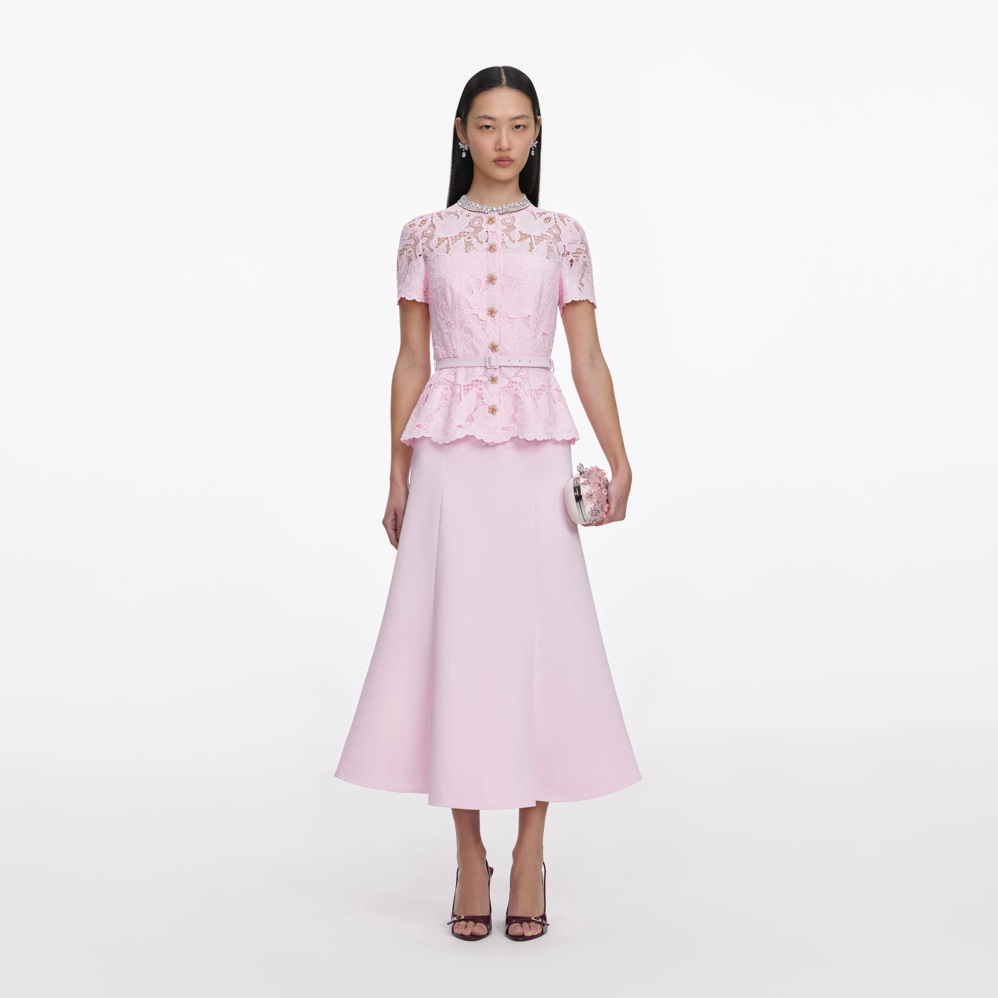 Pink Lace Crepe Midi Dress sold by Self-Portrait