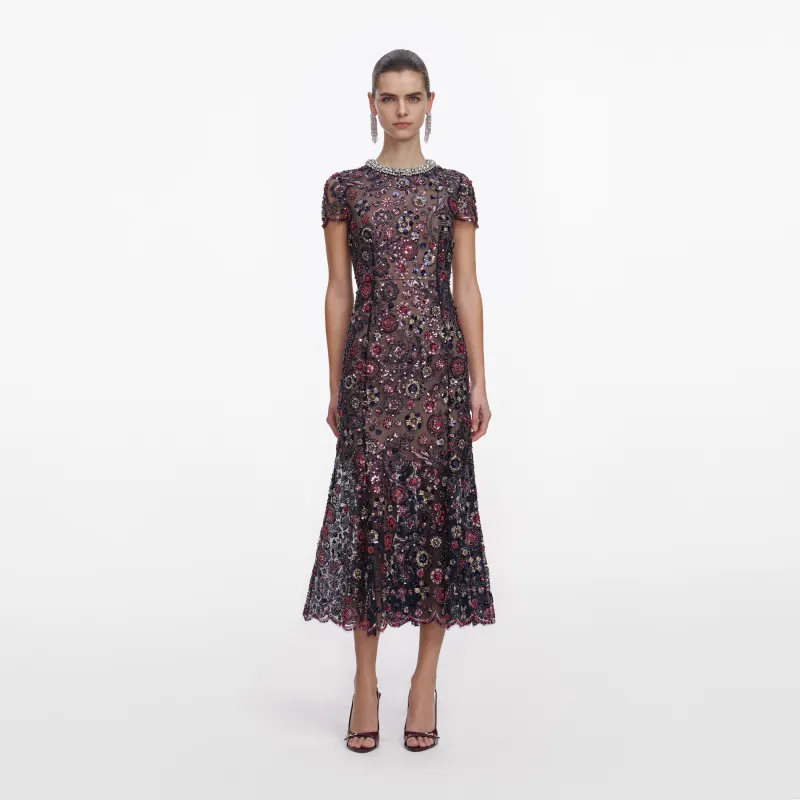 Navy Floral Sequin Midi Dress made by Self-Portrait