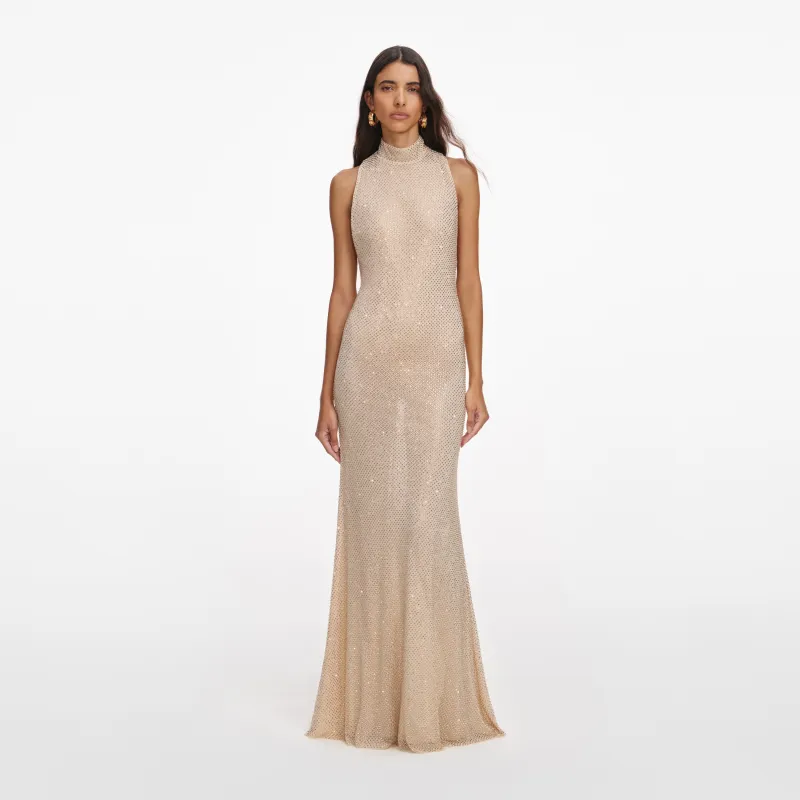 Champagne Rhinestone Racer Back Maxi Dress made by Self-Portrait