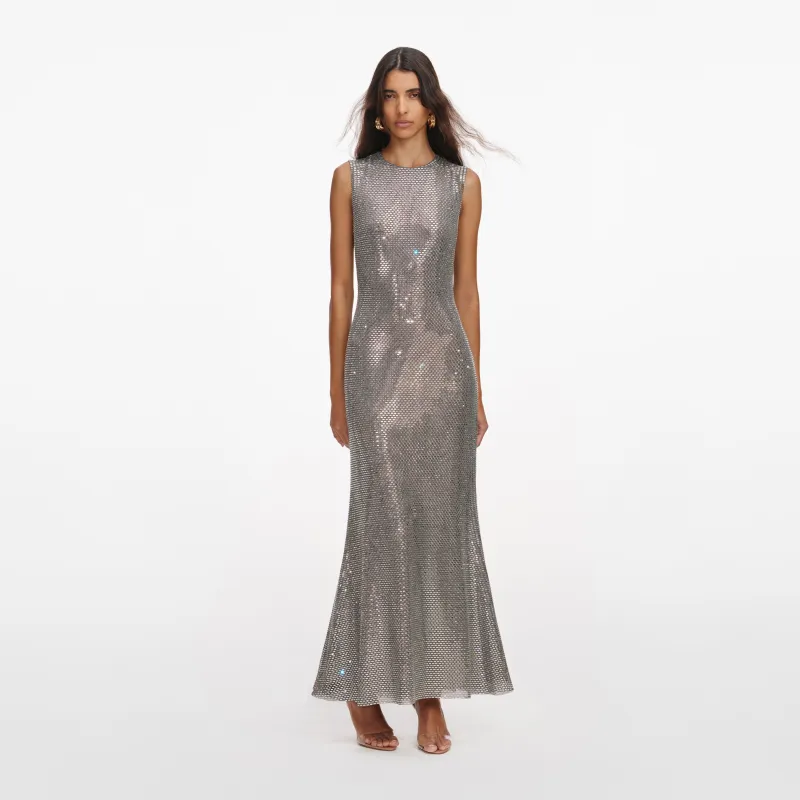 Grey Rhinestone Mesh Midi Dress made by Self-Portrait