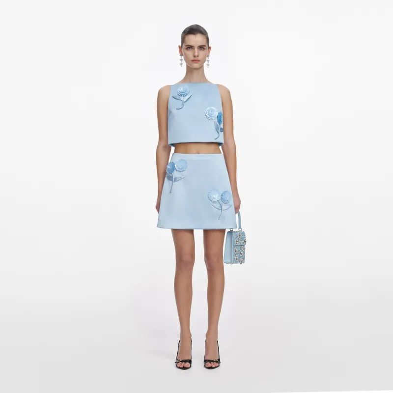 Blue Satin 3D Sequin Flower Top made by Self-Portrait
