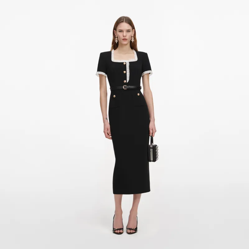 Black Crepe Contrast Frill Midi Dress made by Self-Portrait