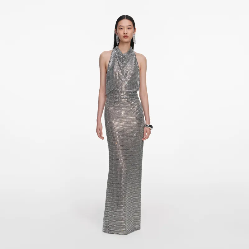 Grey Rhinestone Drape Maxi Dress made by Self-Portrait