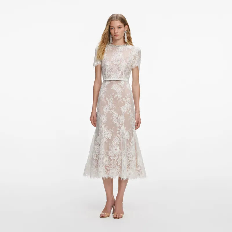 White Sequin Lace Midi Dress made by Self-Portrait