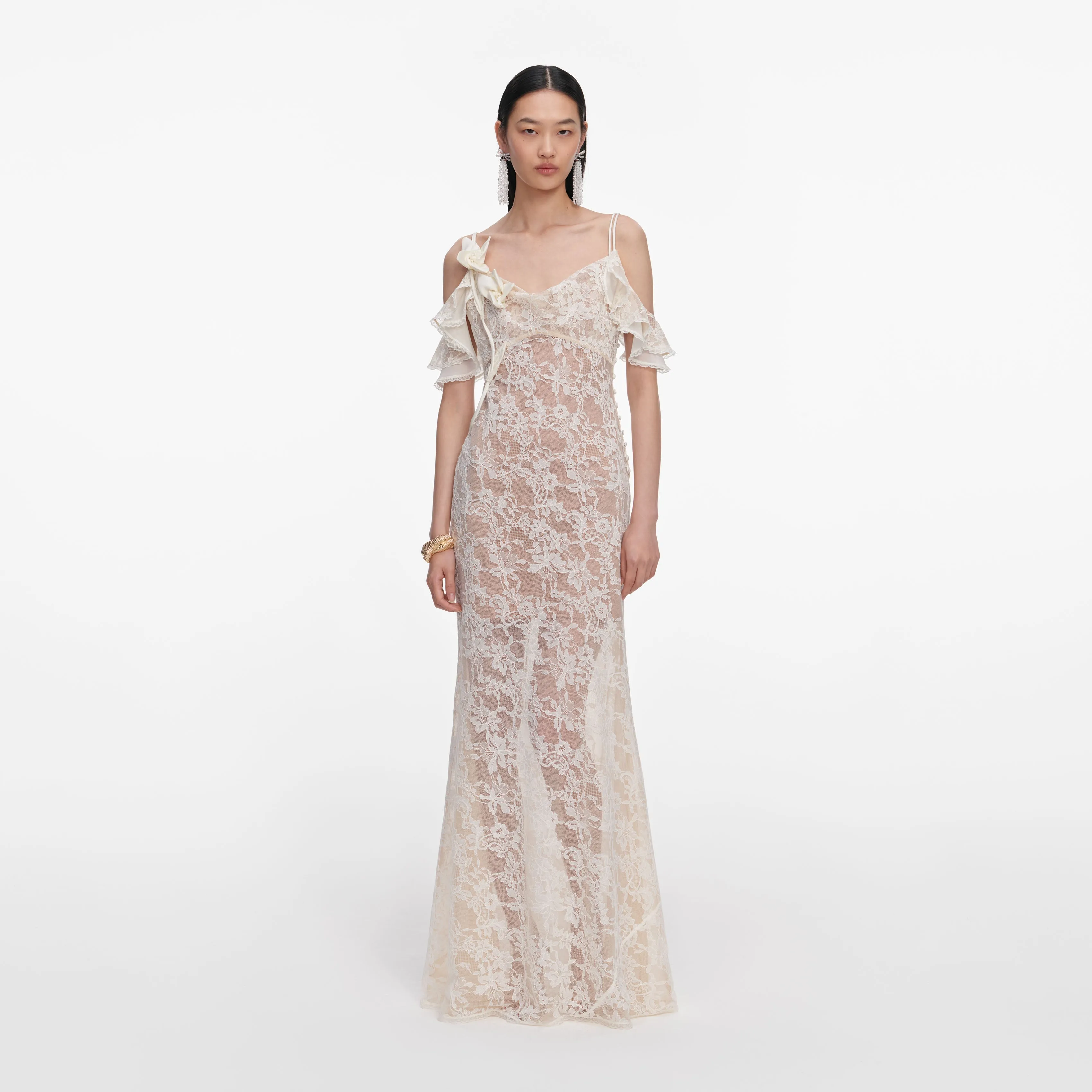 Cream Lace Flower Maxi Dress sold by Self-Portrait