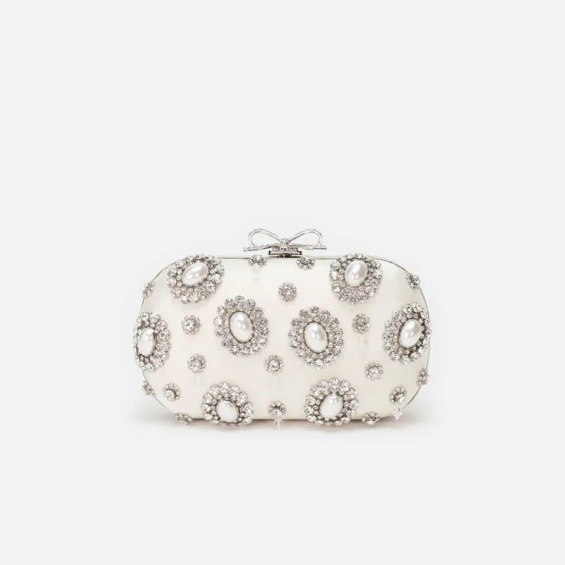 Cream Satin Multi Crystal Clutch Bag made by Self-Portrait