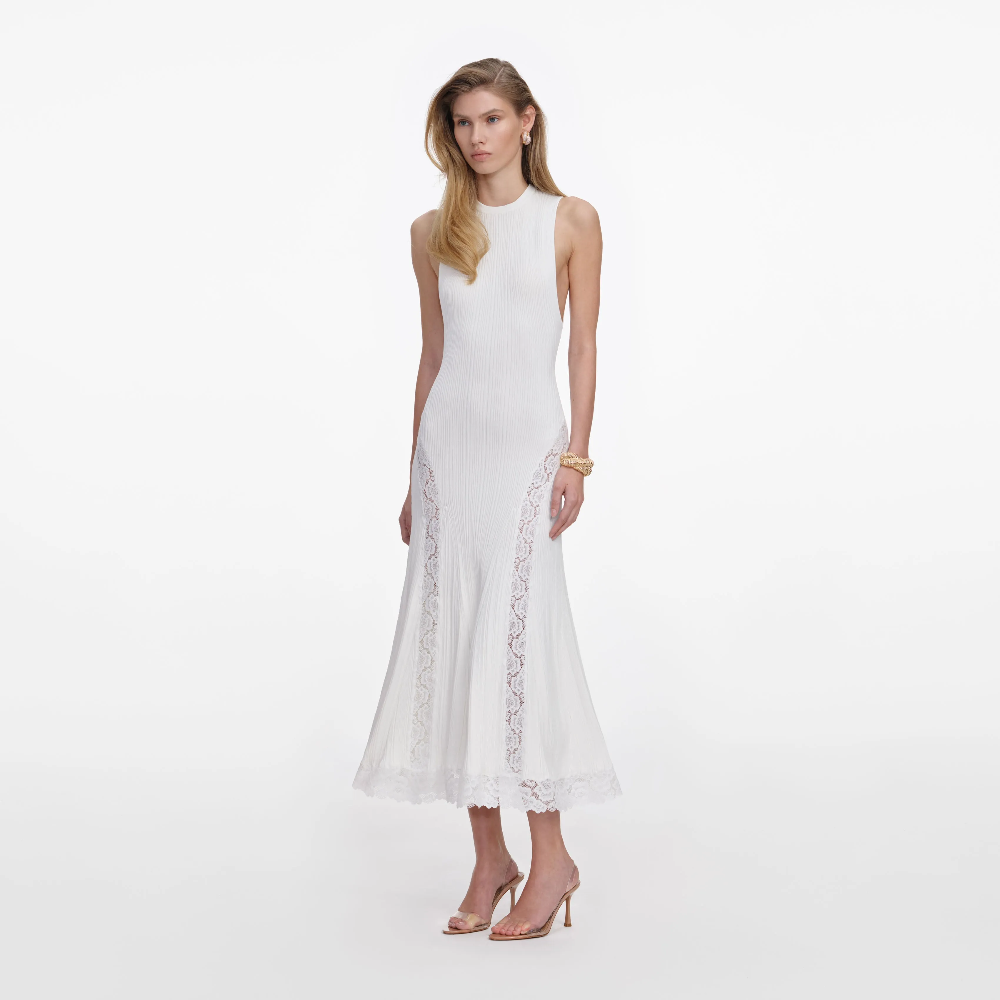White Knit Lace Insert Midi Dress sold by Self-Portrait product image thumbnail 2