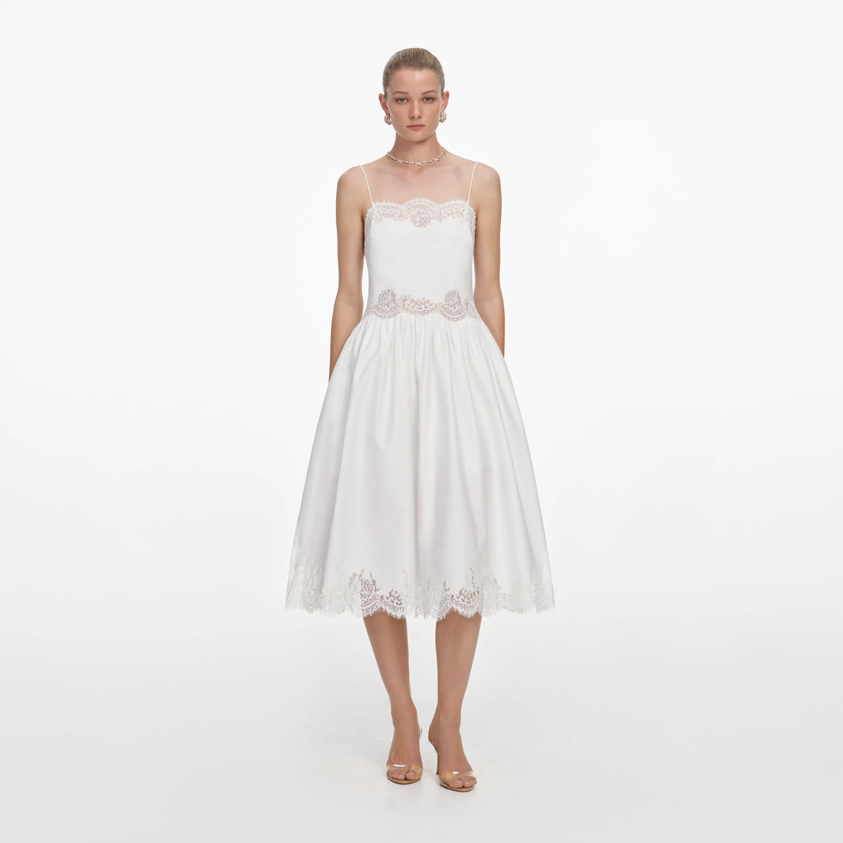White Cotton Lace Trim Midi Dress sold by Self-Portrait